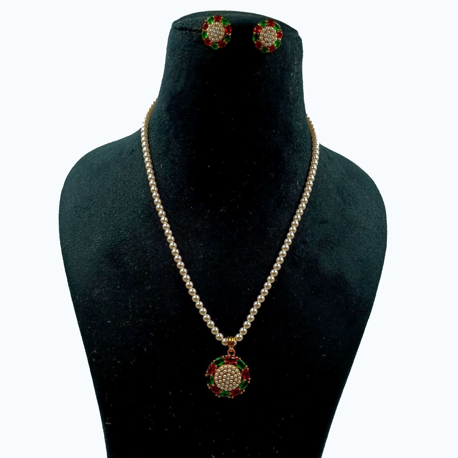 Ruby Emerald Pearl Pendant Studs 22k Gold Plated South Indian Wedding Bridal