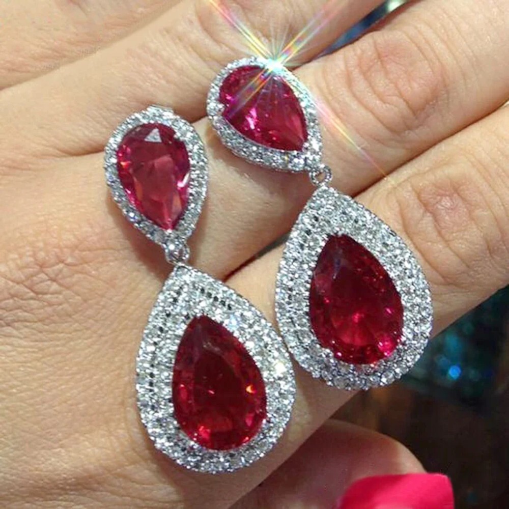AAA Cubic Zirconia Luxury Red Drop Sparkling Hanging Earrings Wedding Jewelry