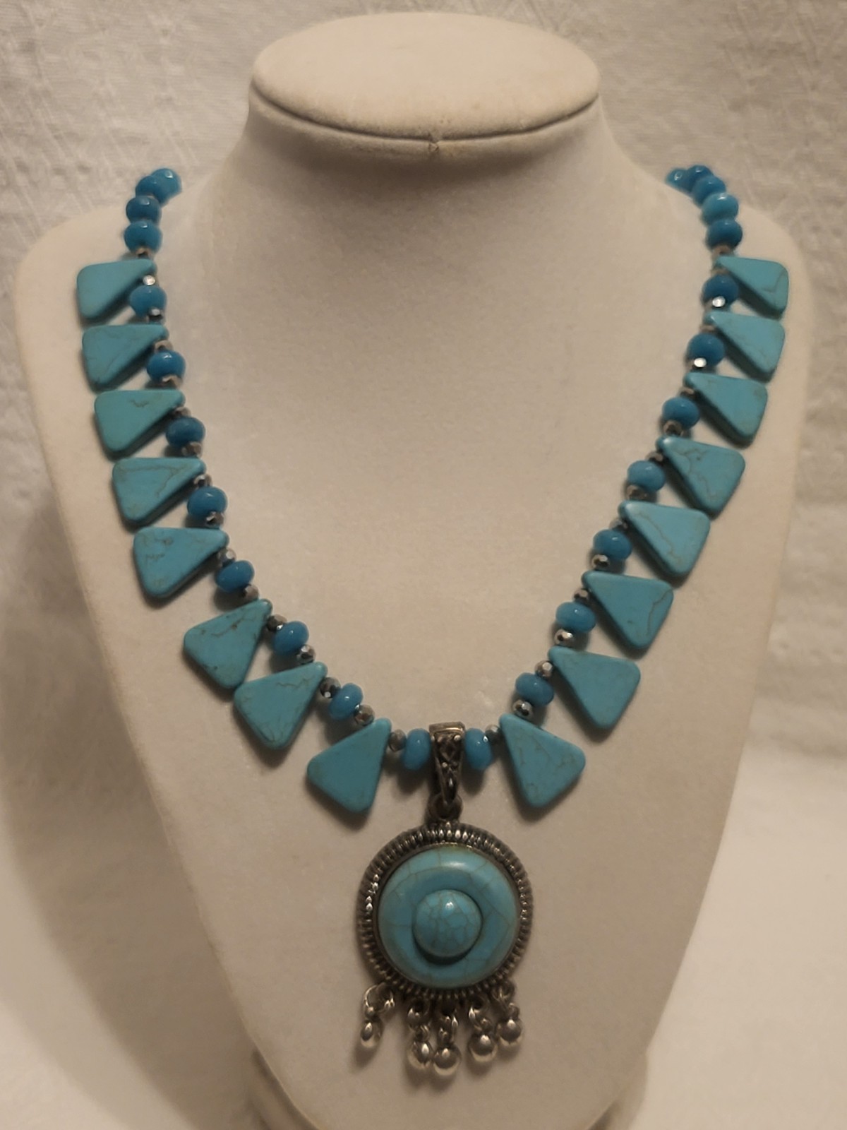 Blue Stone Beaded Charm Pendant Necklace Silver Bezel Adjustable Lobster 12-18in