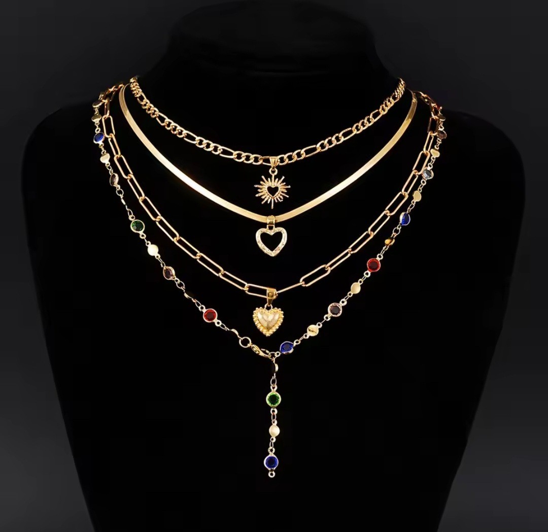 4PCS Gold Layered Necklace Set Heart Pendant Multilayer Chain Women Gift