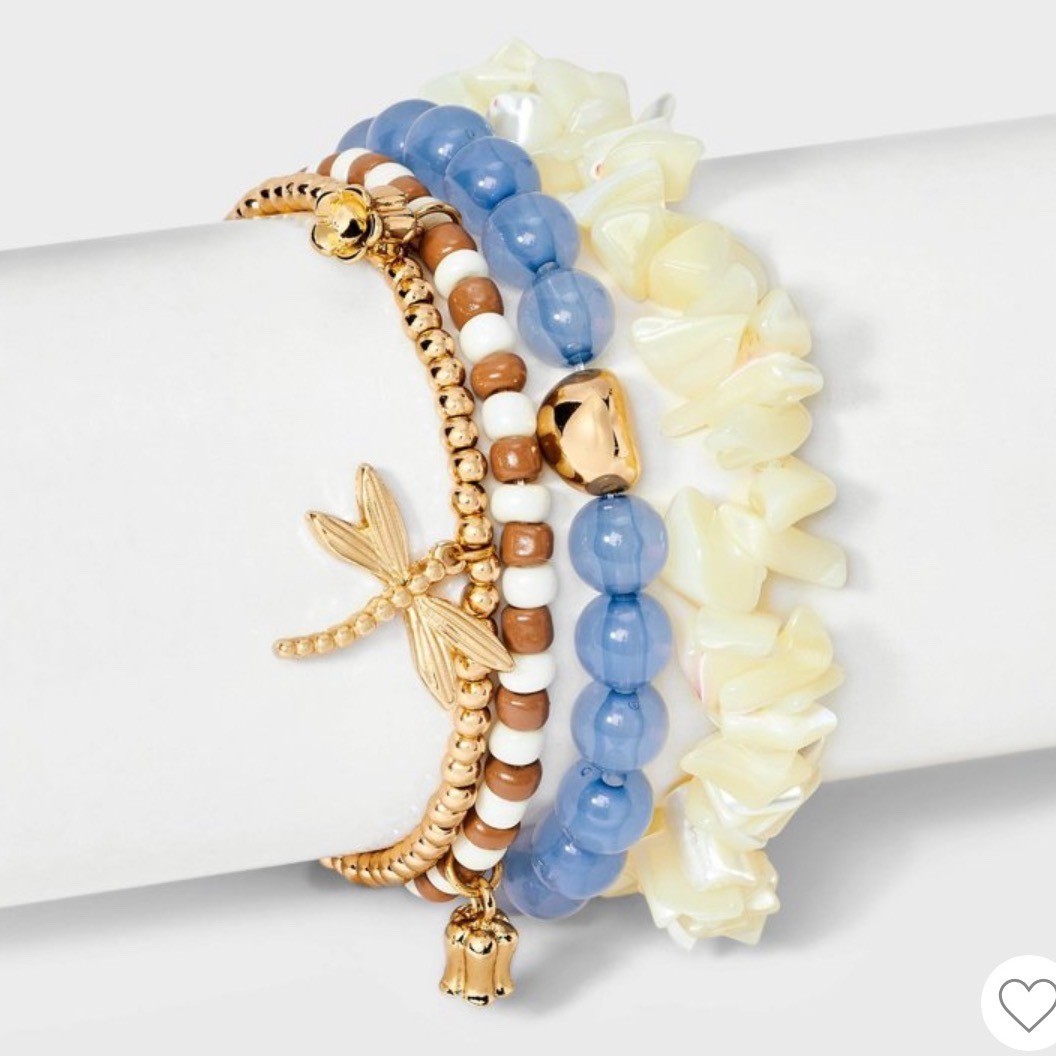 Universal Thread Bead Bracelet Set 4pc Dragonfly Shell Blue Gold ivory boho NWT
