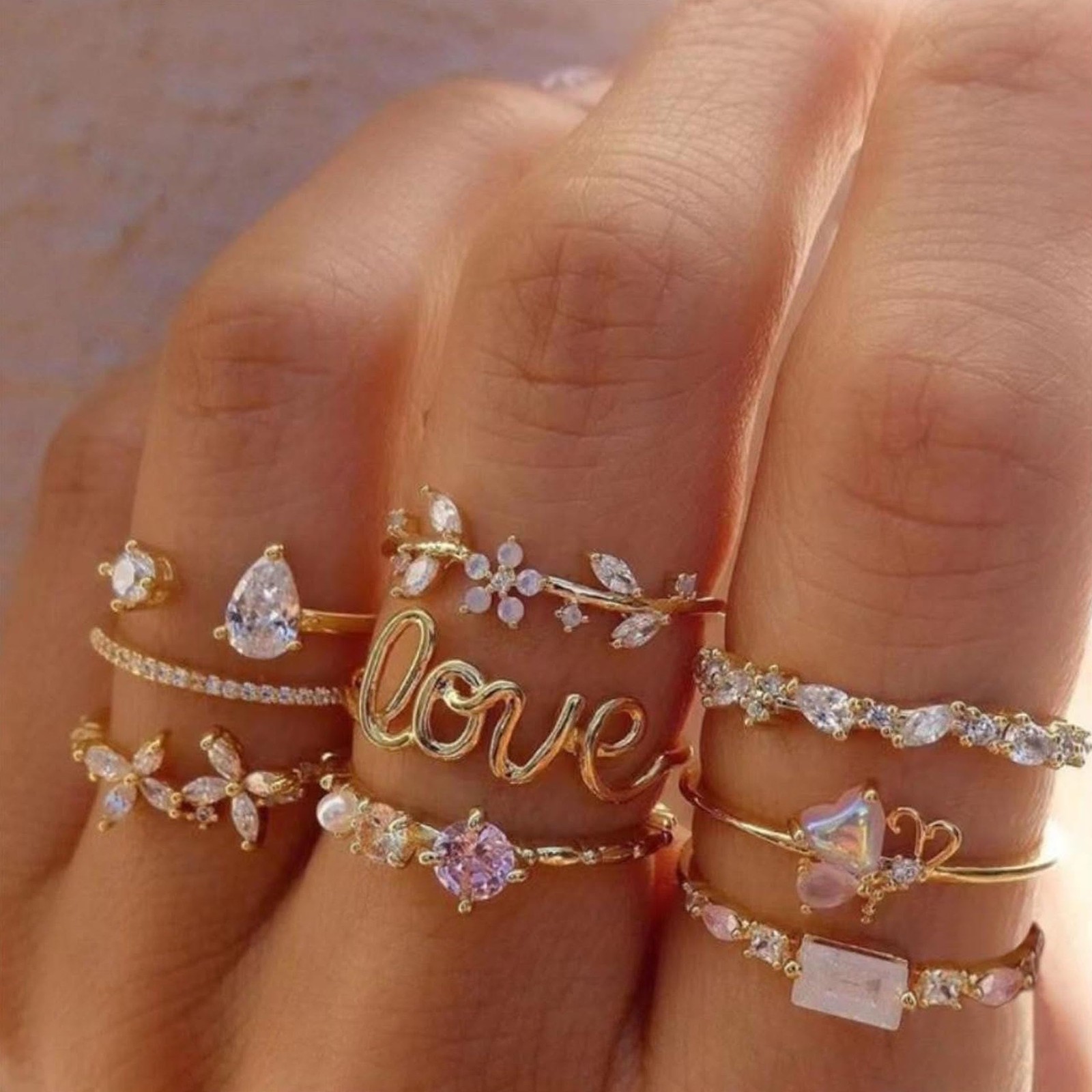 Gold Rings for Women Stackable Adjustable Love Moon Star Ring Set Non Tarnish…