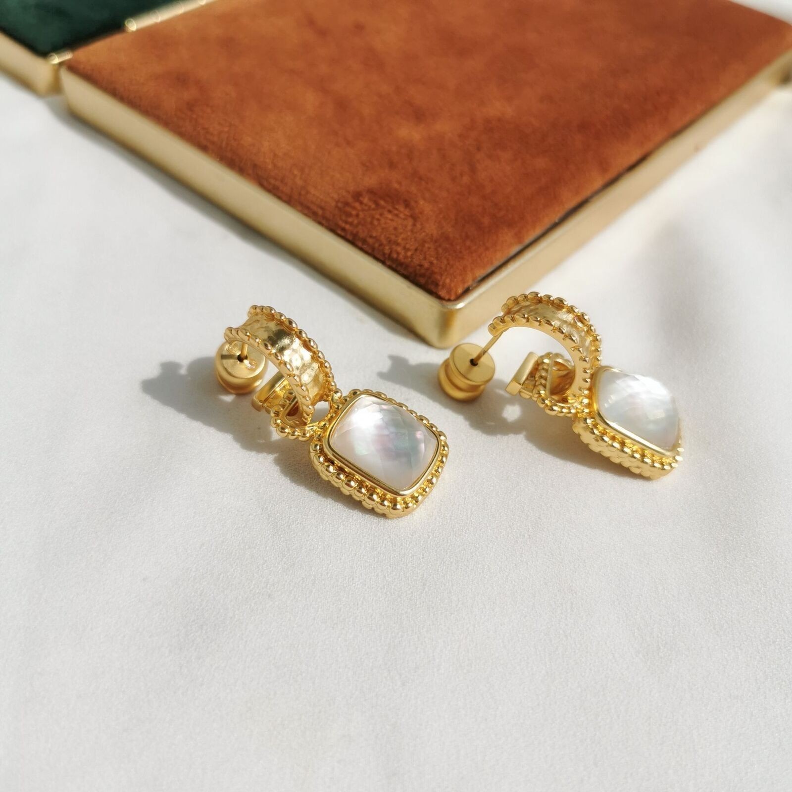 Julie Vos Gold Marbella Square Shell Freshwater Pearls Earings Elegance