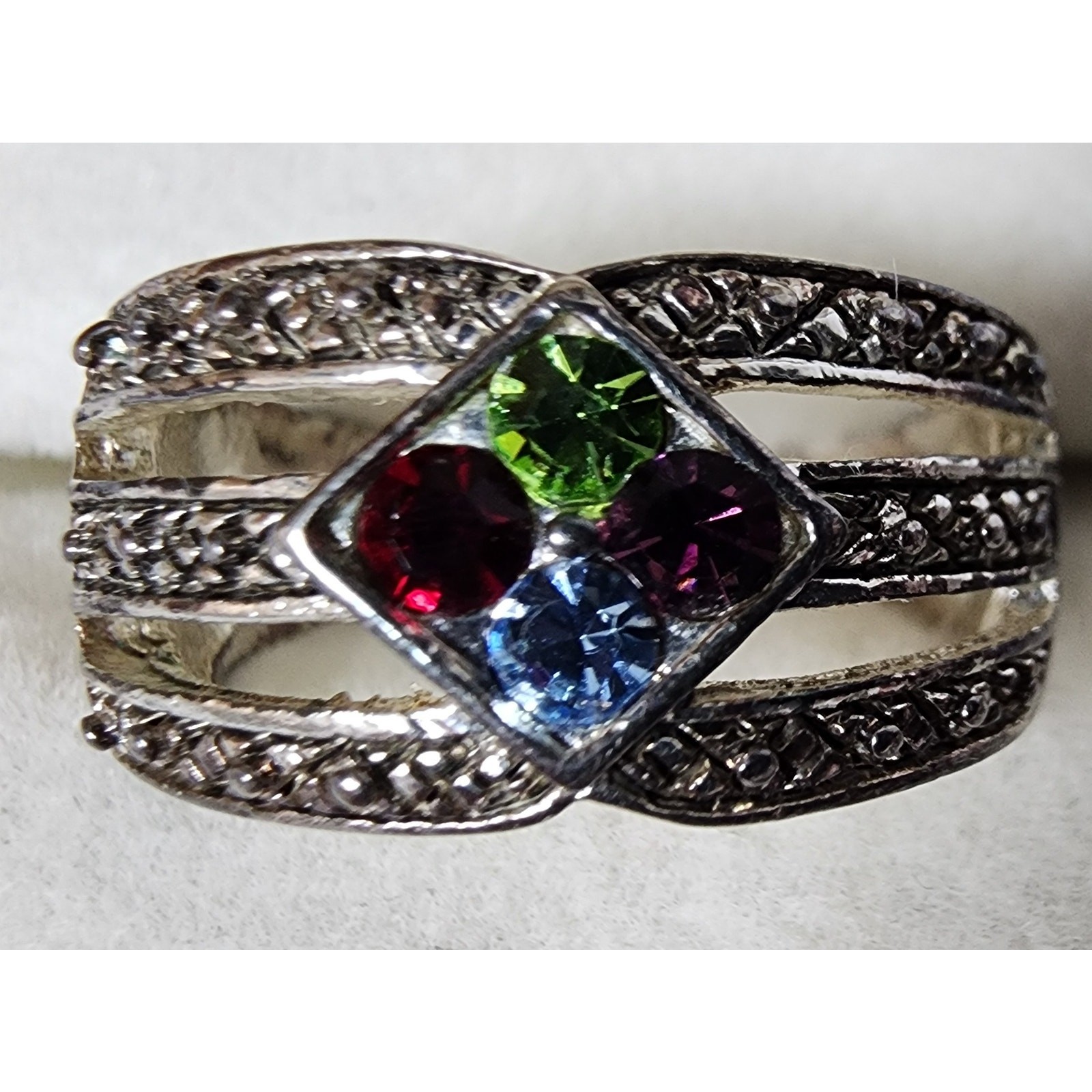 Vintage Silver Multi‑Gemstone Ring Size 9.75 w/ Box – Colorful Cluster Design