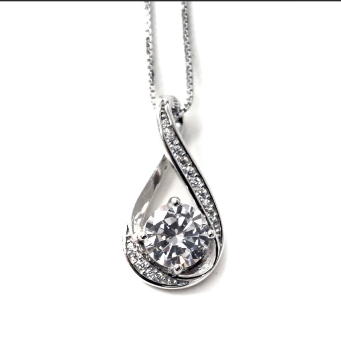 Silver Teardrop Pendant Necklace Cubic Zirconia Box Chain Prong Setting