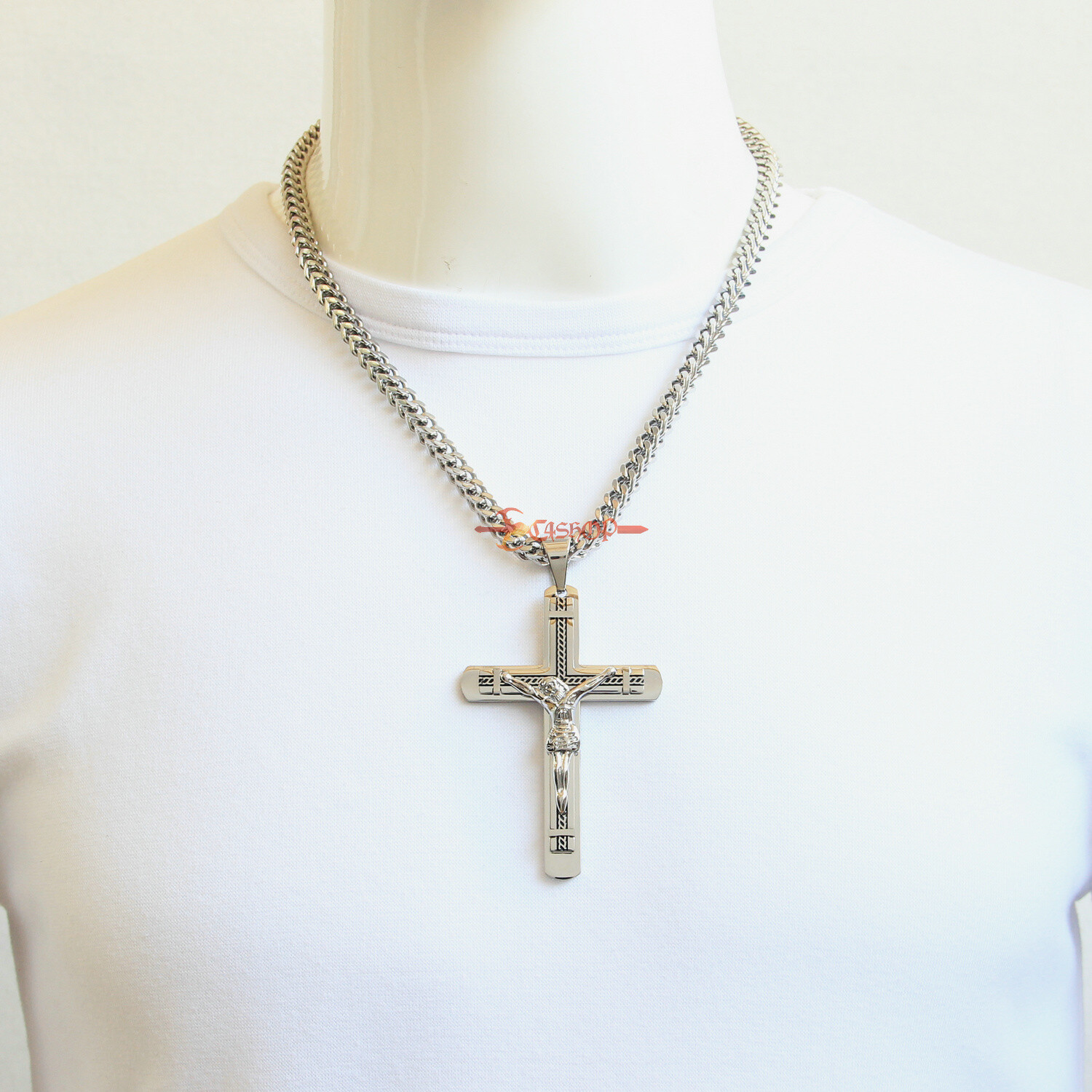 Heavy Catholic Jesus Christ INRI Cross Crucifix Stainless Steel Necklace Pendant