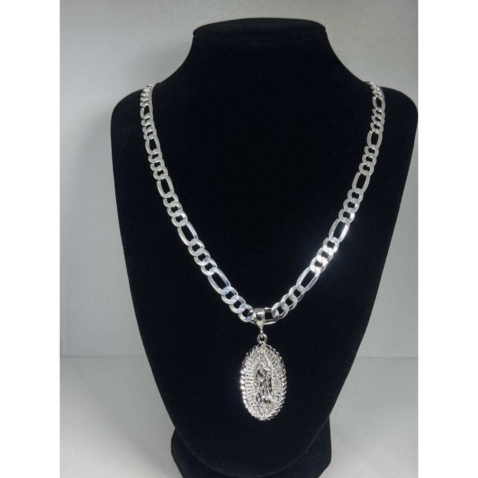 925 Sterling Silver Virgin Mary Pendant Necklace 22 Inch Figaro Chain 35.6g