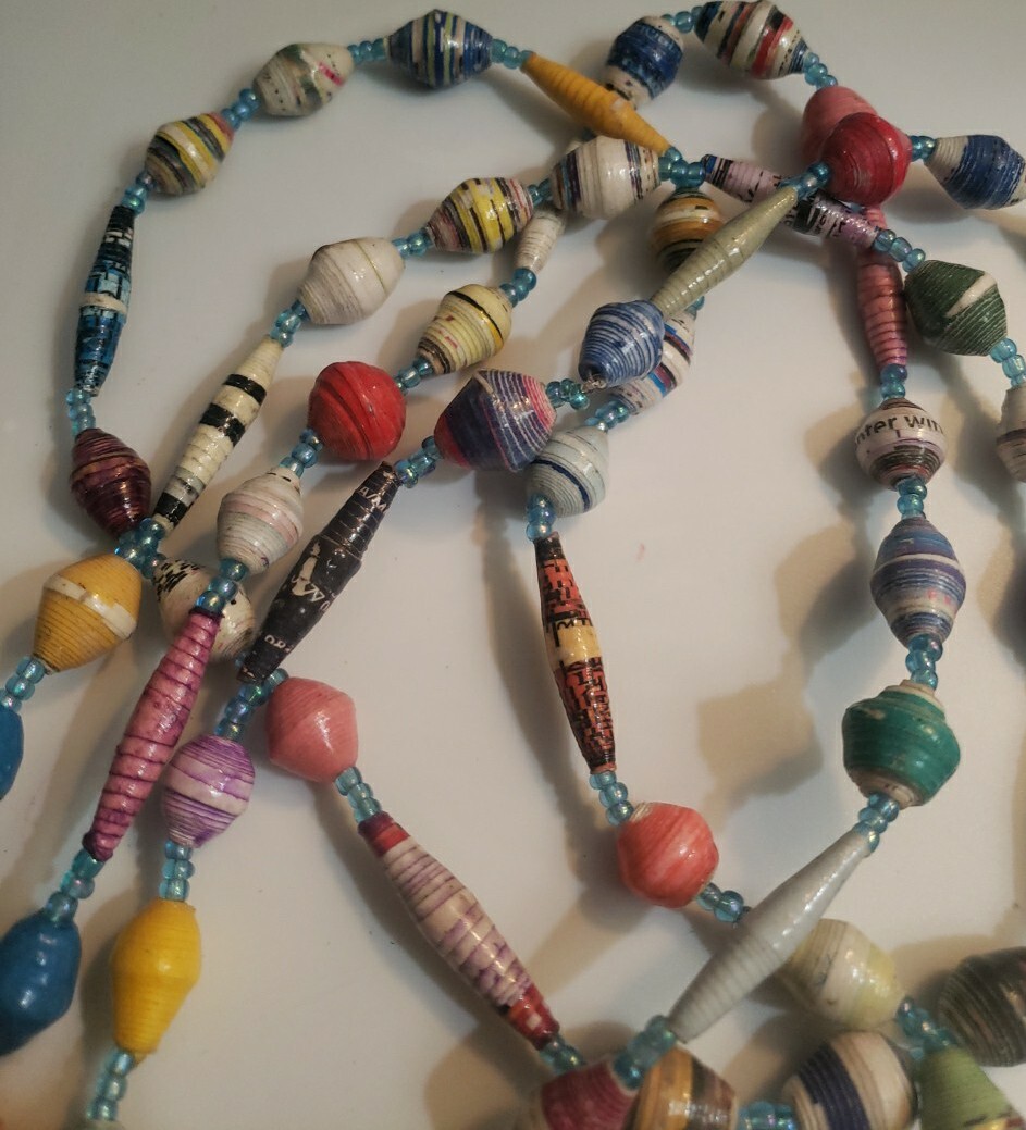 Multicolored Vintange Handmade Paper Bead Neckless 62in