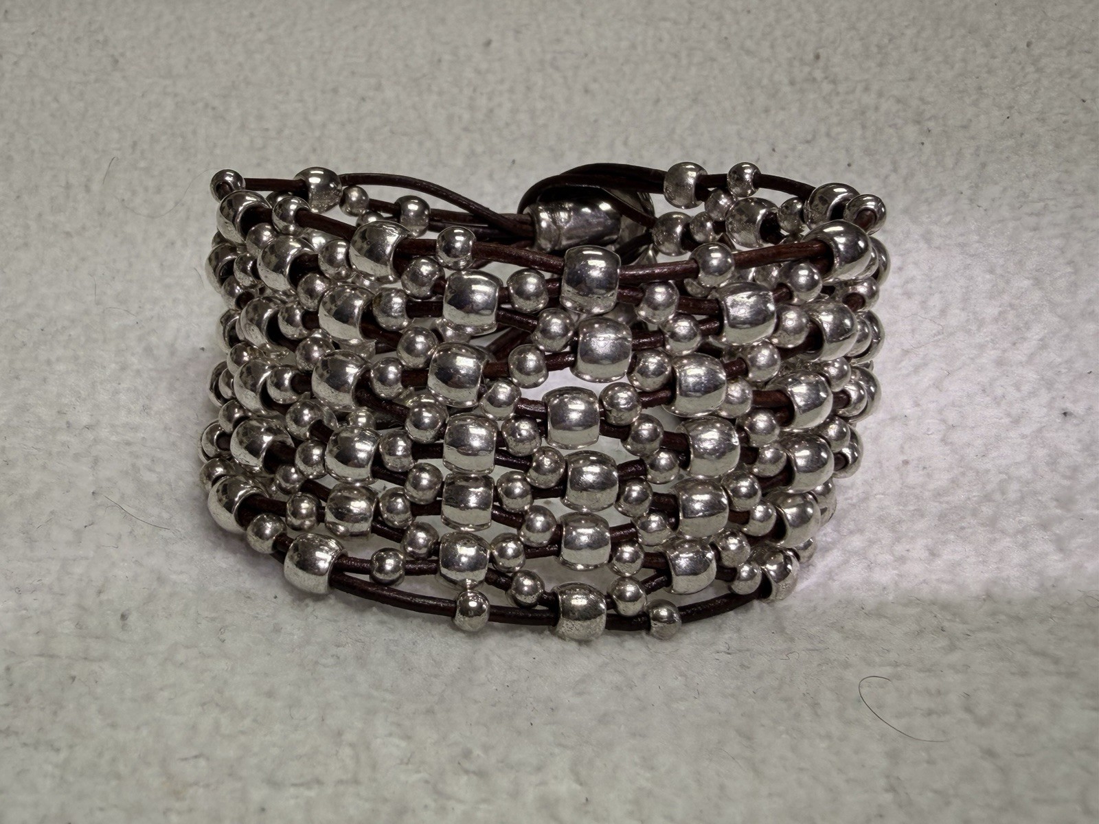 Boho Artisan Multi Strand Silver Plated Beaded Leather Cuff Bracelet Large 7.5″