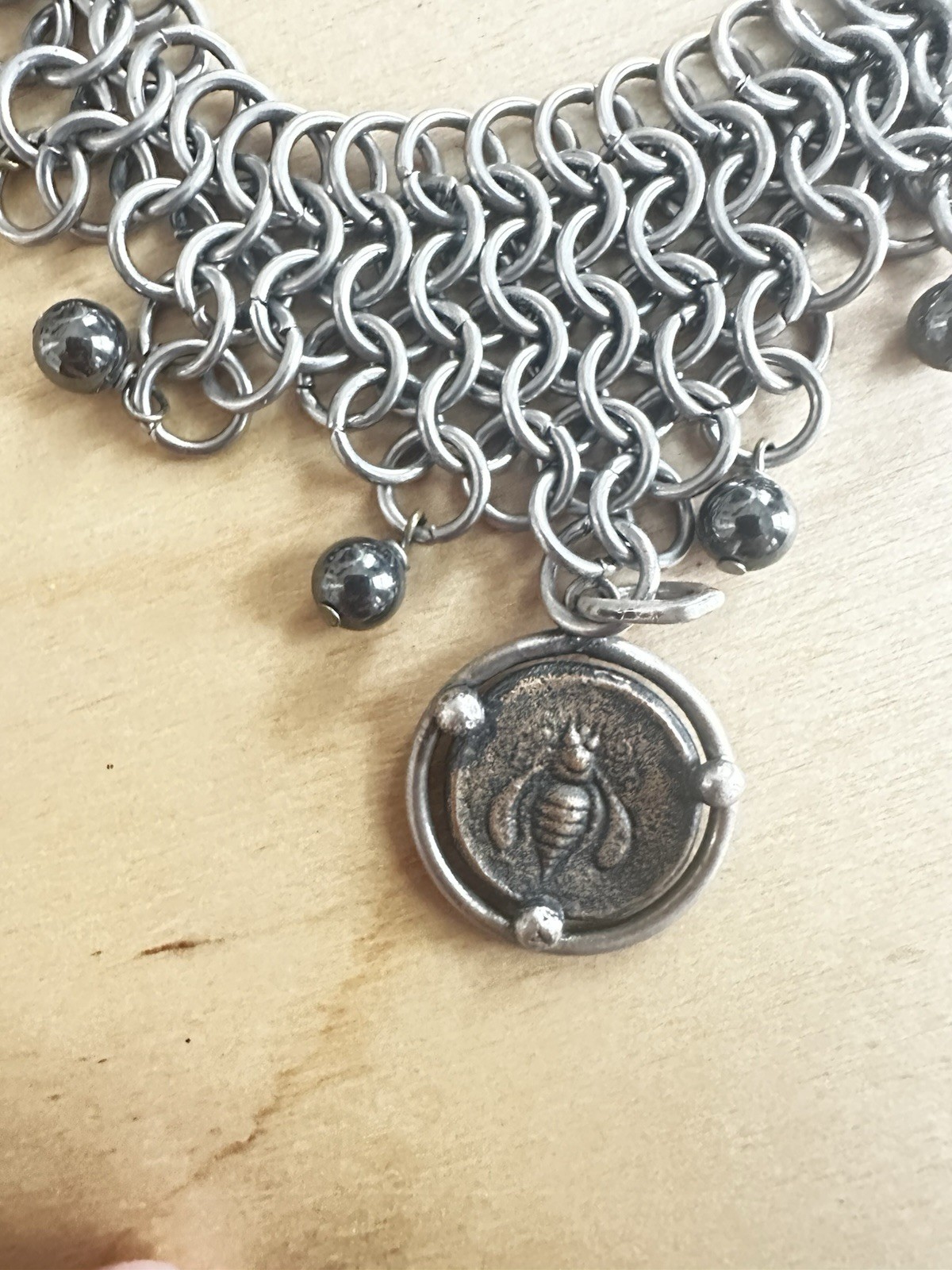 Chainmail Choker Ancient Bee/Deer Coin Replica Hematite 16”