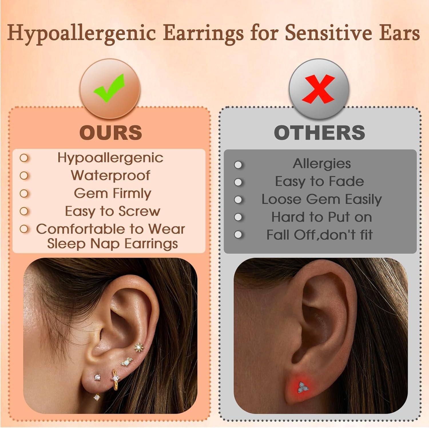 Gold Flat Back Earrings Stacks Hypoallergenic Cartilage Earrings for Women,20G L