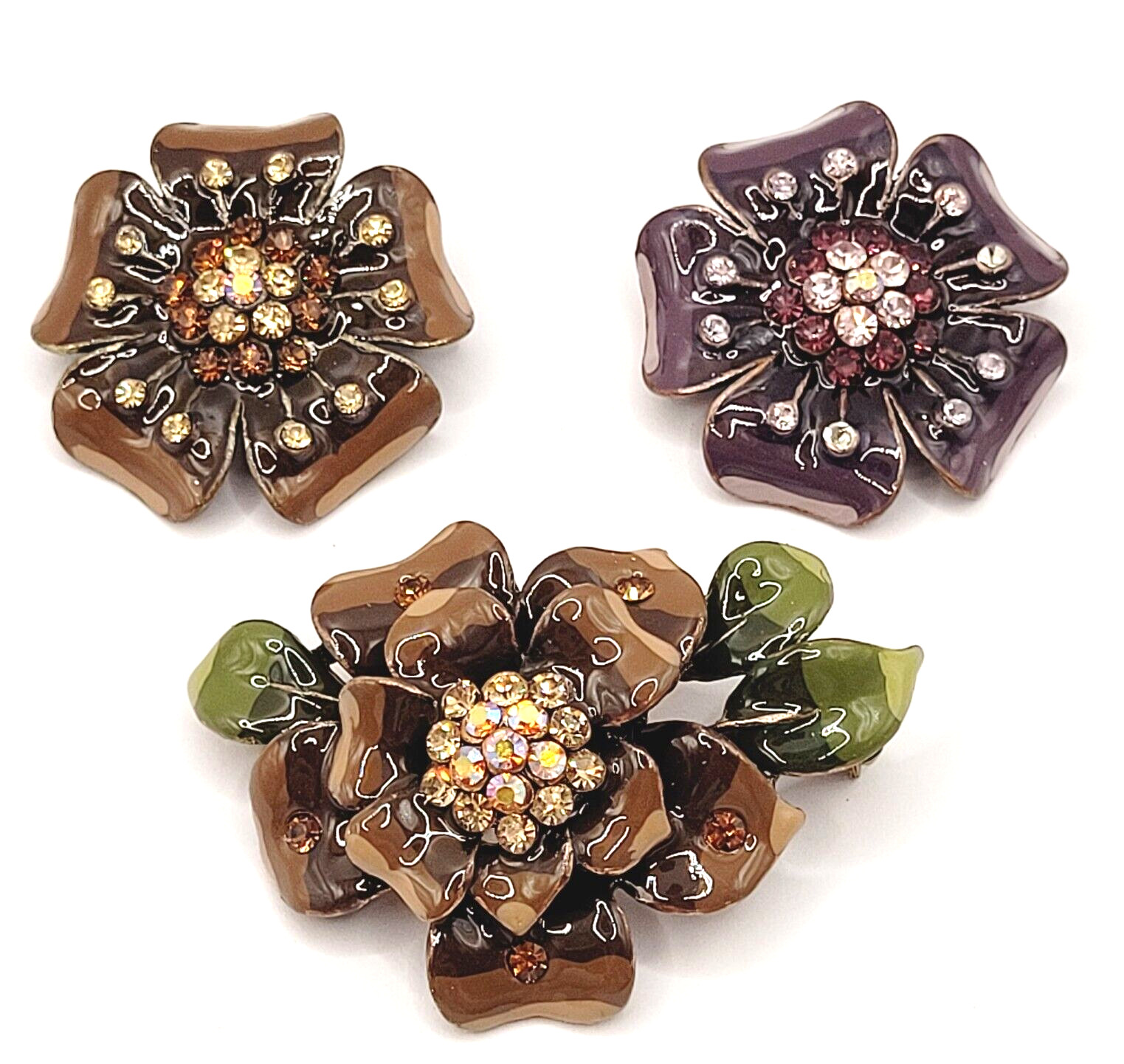 3 Flowers Sparkling Rhinestone Glossy Enamel Metal Floral Trio Brooch Pin Set