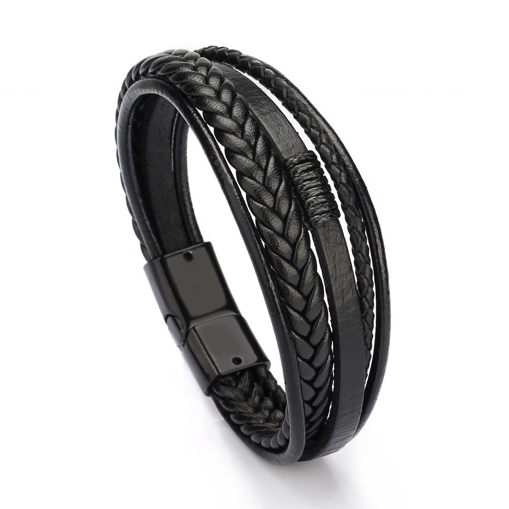 2pcs Trendy Leather Bracelets For Men Stainless Steel Bracelet 21CM Multilayer