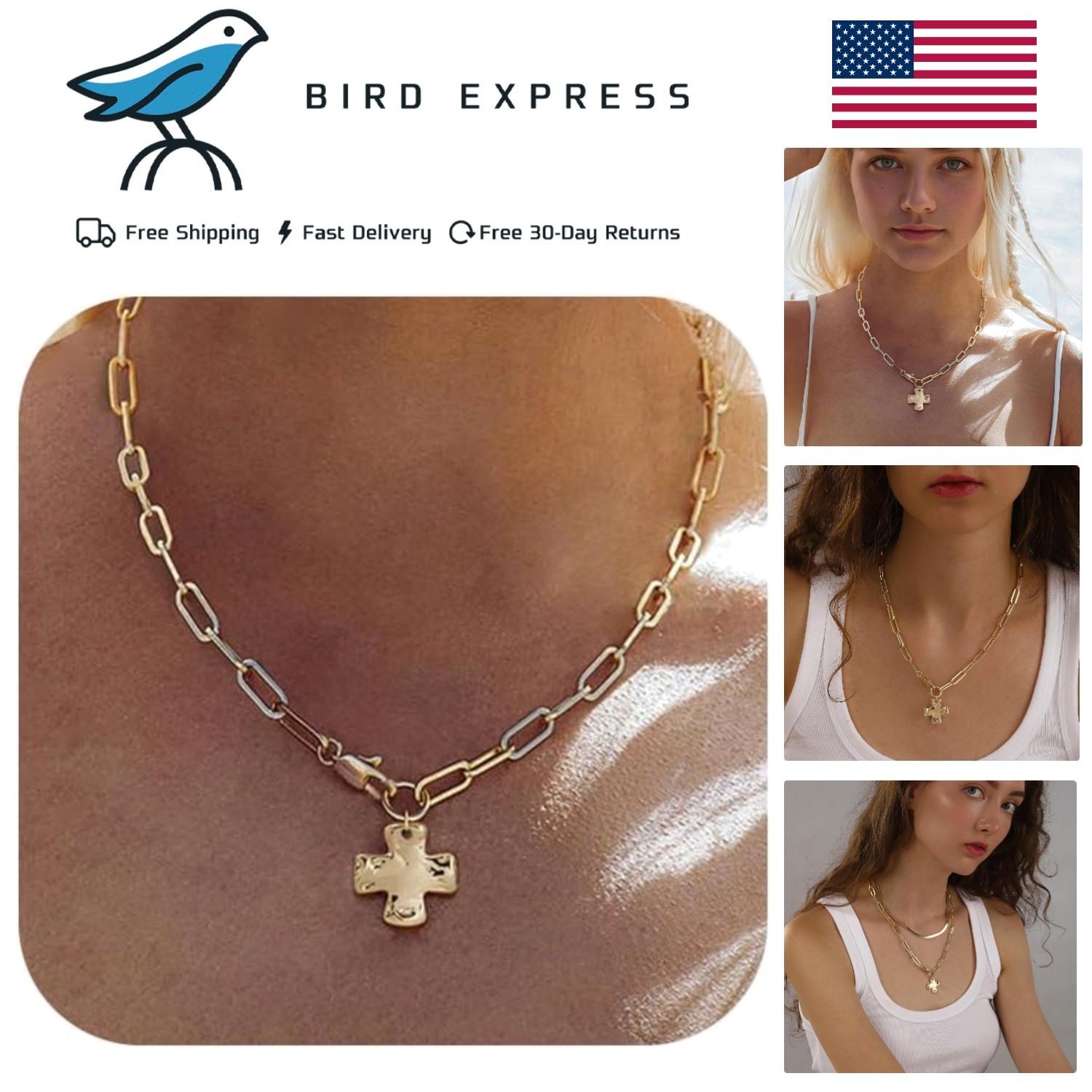 Statement 14K Gold Chunky Hammered Cross Pendant Necklace Trendy Paperclip Chain