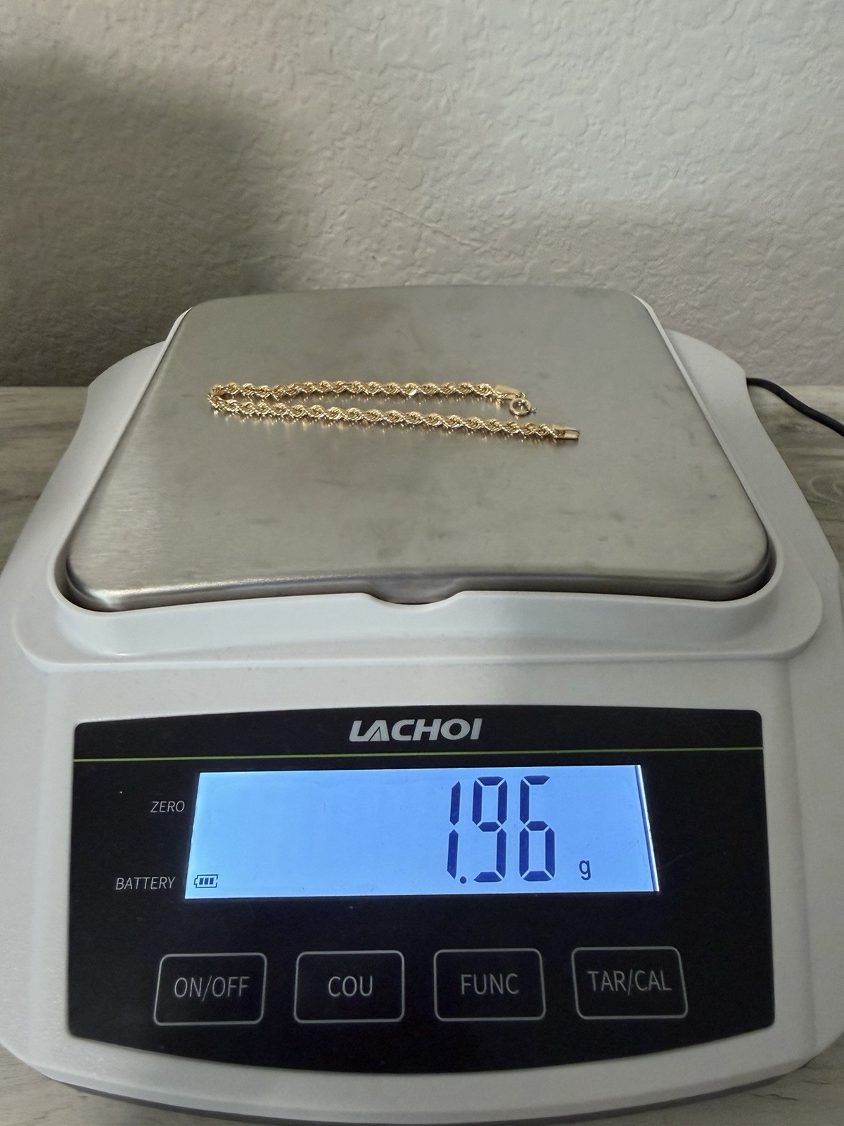 18k Solid Gold Rope Chain Bracelet 7.5 in Spring Ring Clasp 3.4mm