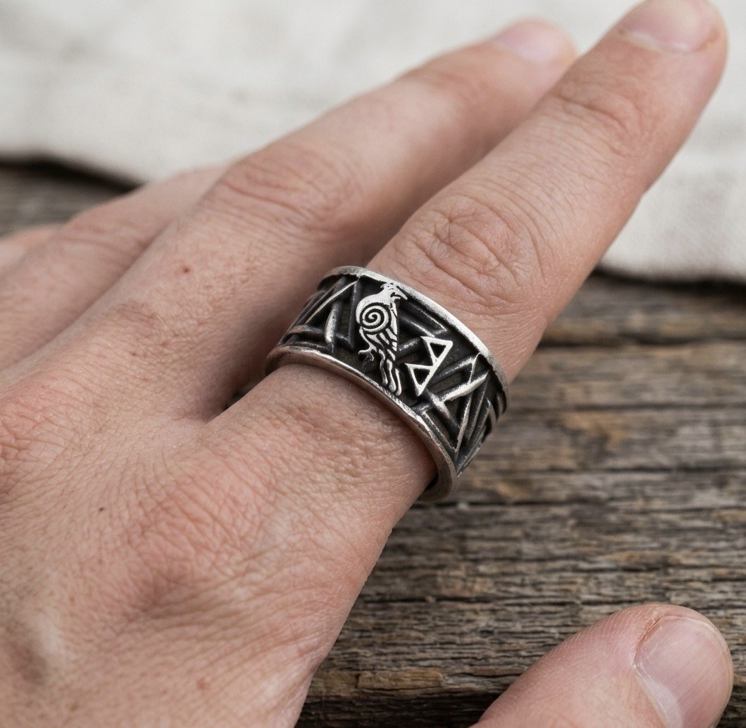 Viking Norse Rune Wide Band Ring Silver Tone Black Signs & Symbols Size 8