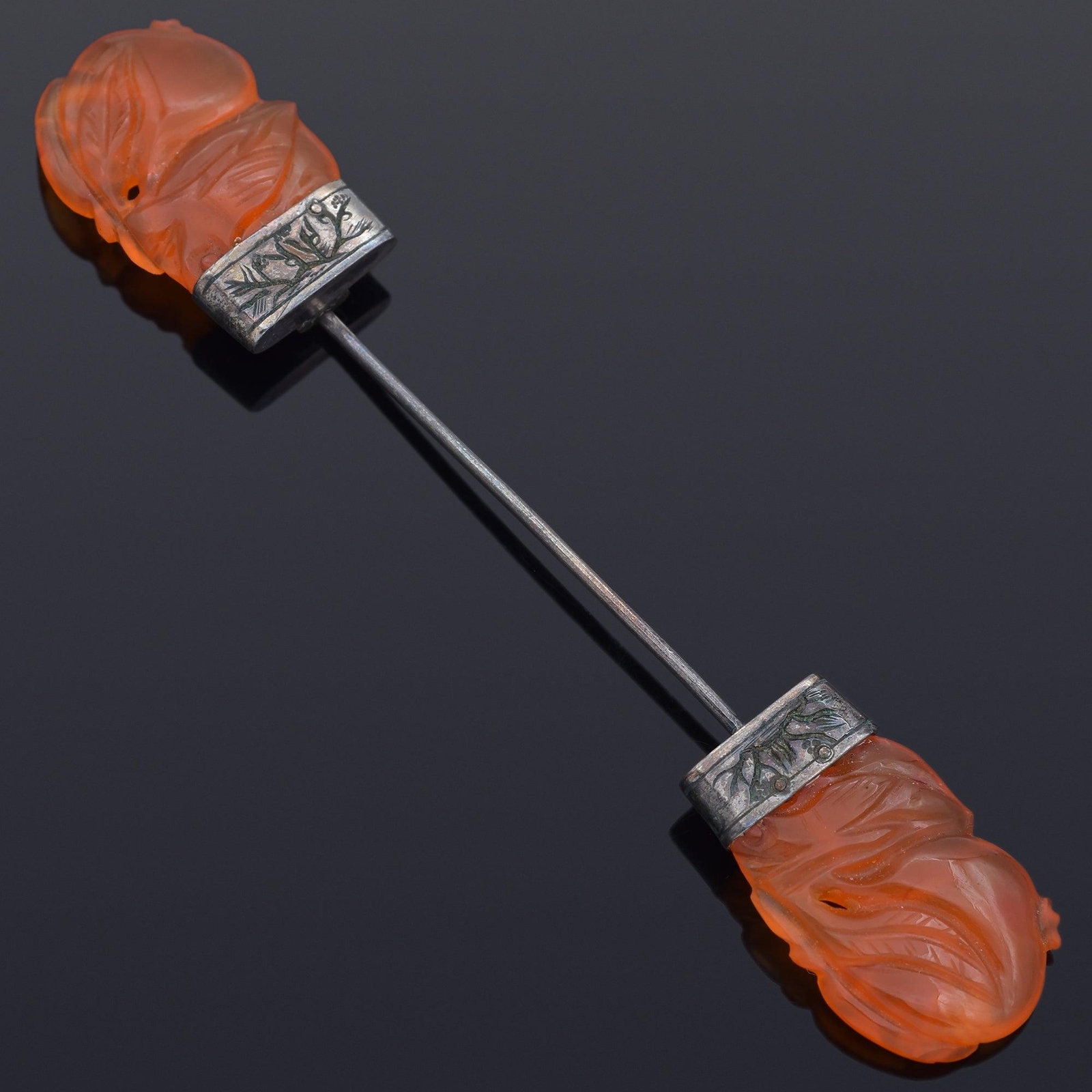 Antique Sterling Silver Carnelian Carved Bat Pin