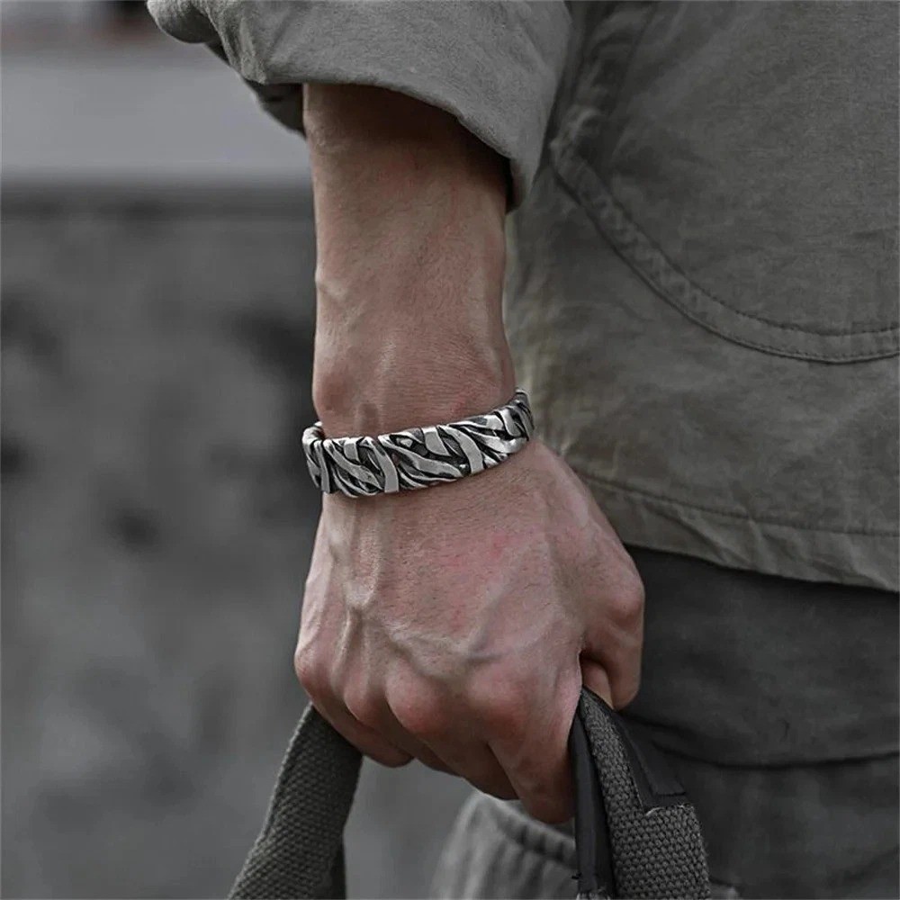 Men Bracelet Sterling Silver Retro Twisted Open Wide Bangle Cuff Bracelet – USA