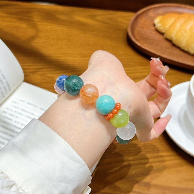 13mm Natural Fluorite blue crystal rose quartz sprpentine jade Handmade Bracelet