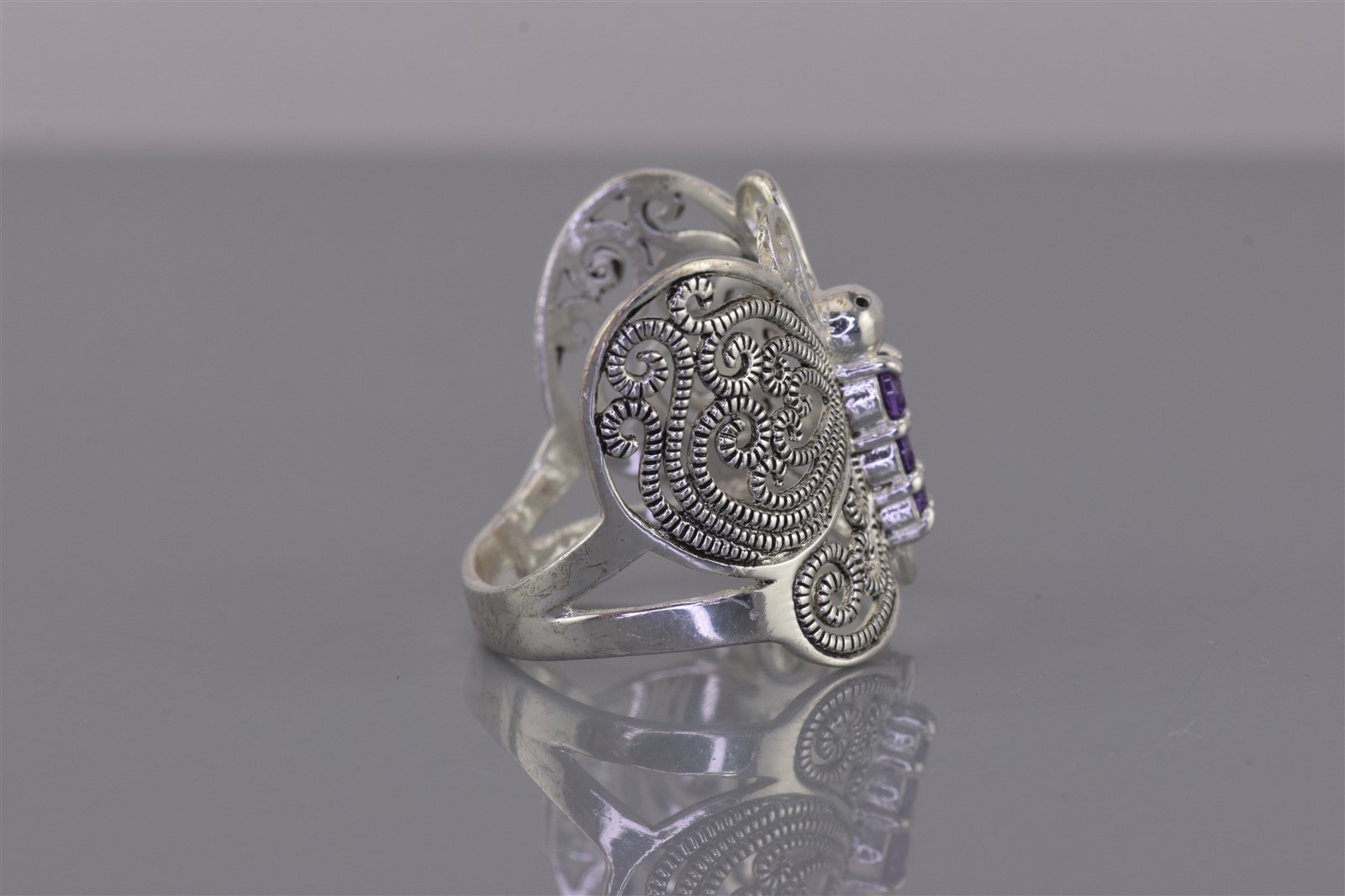 Sterling Silver 21mm Purple Amethyst Butterfly Winged Band Ring 925 Sz: 8