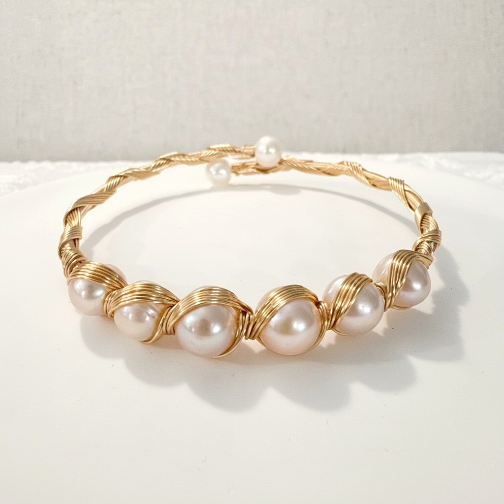 Natural Freshwater Pearl Wire Wrapped Cuff Bracelet Gold Open Bangle Adjustable