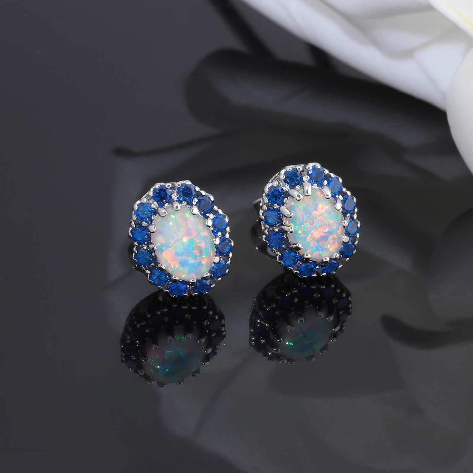 Gemstone White Fire Opal Stud Silver Earrings 925 Silver Women Jewelry
