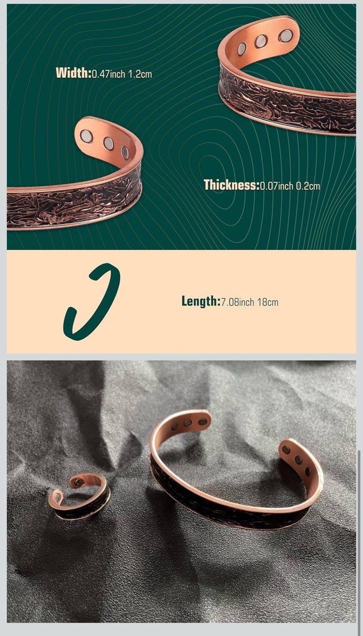 2pk – Solid Copper Magnetic Bracelet Ring Set Arthritis Men Women Cuff Ring Set