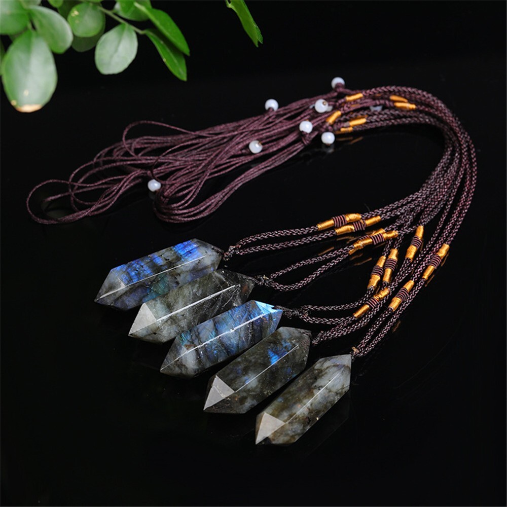 Natural Labradorite Stone Pendant Gemstone Double Point Crystal Charm Necklace