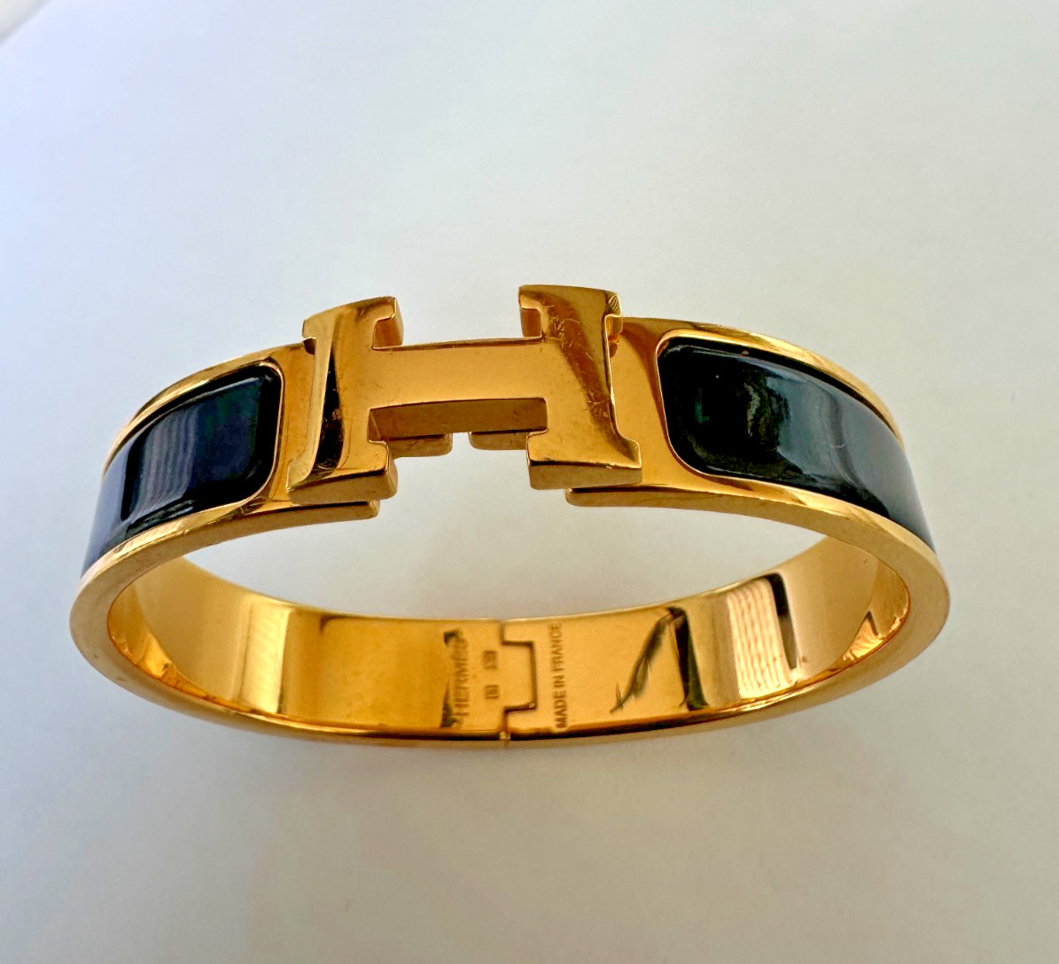 Hermès Clic Clac H PM Black Enamel Gold Plated Bangle Bracelet Made in France
