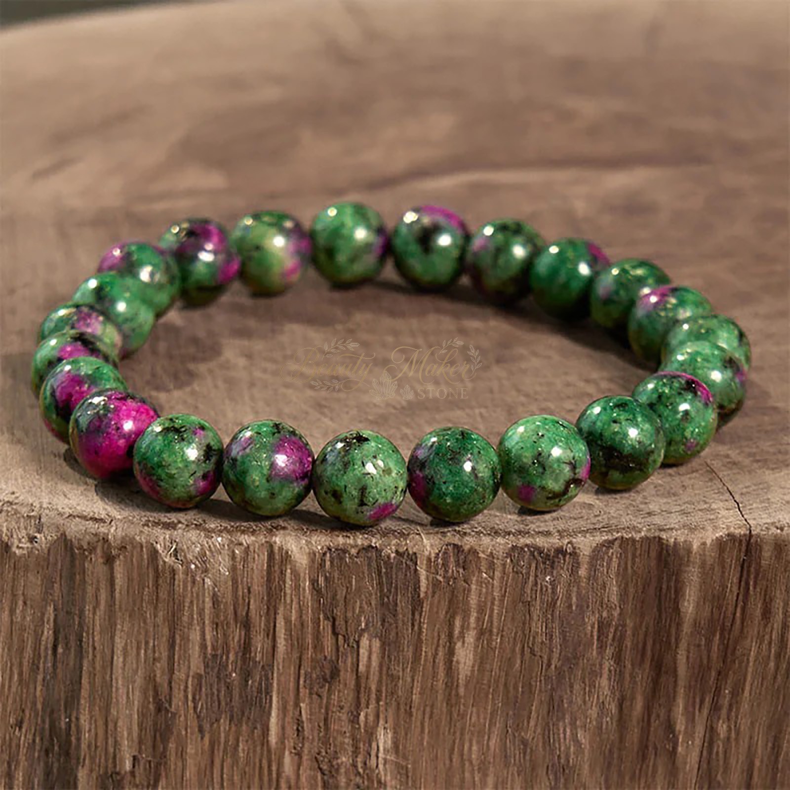 Natural Ruby Zoisite Bracelet 8mm Round Bead Anyolite Gemstone Women Gift 7 inch