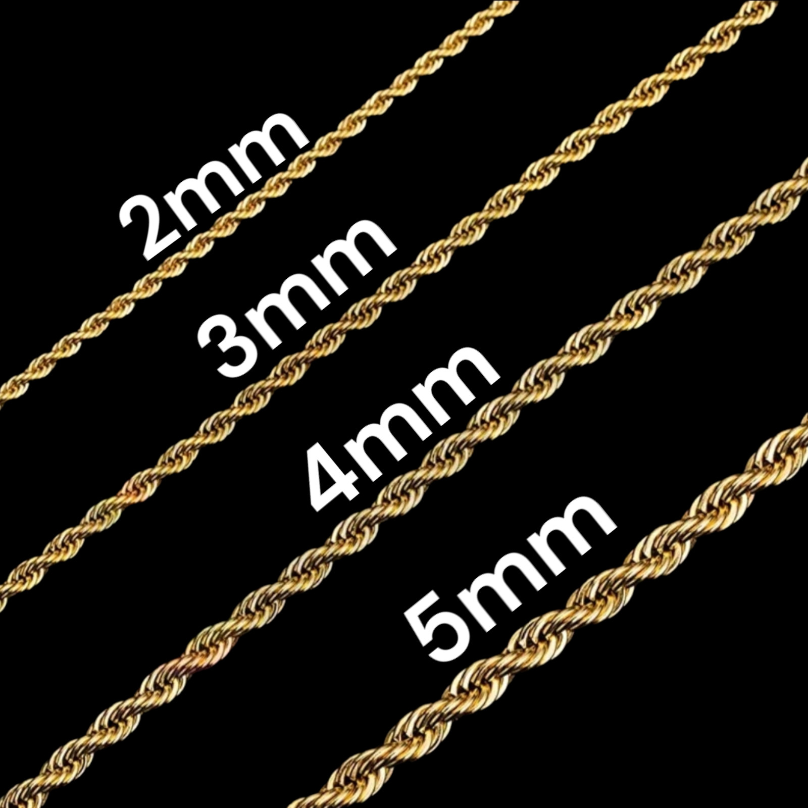 Stainless Steel Gold Plated Rope Chain 2, 3, 4, 5mm Hip Hop Jewelry Unisex, Men