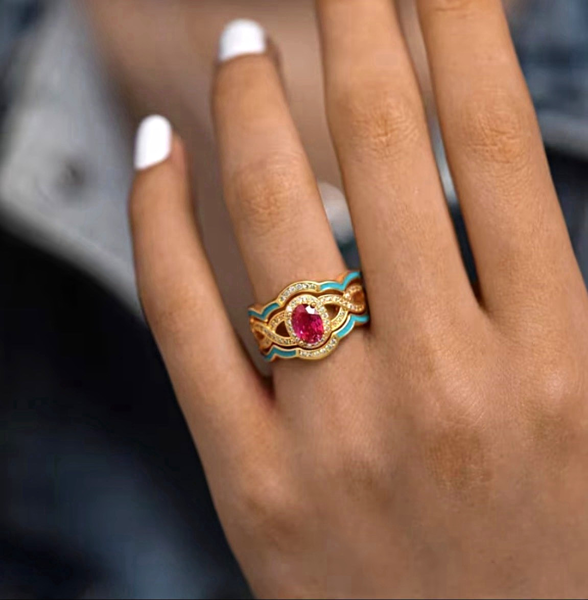 Gold Tone Blue Enamel Band Prong Set Oval Pink Stone Cocktail Ring Size 7