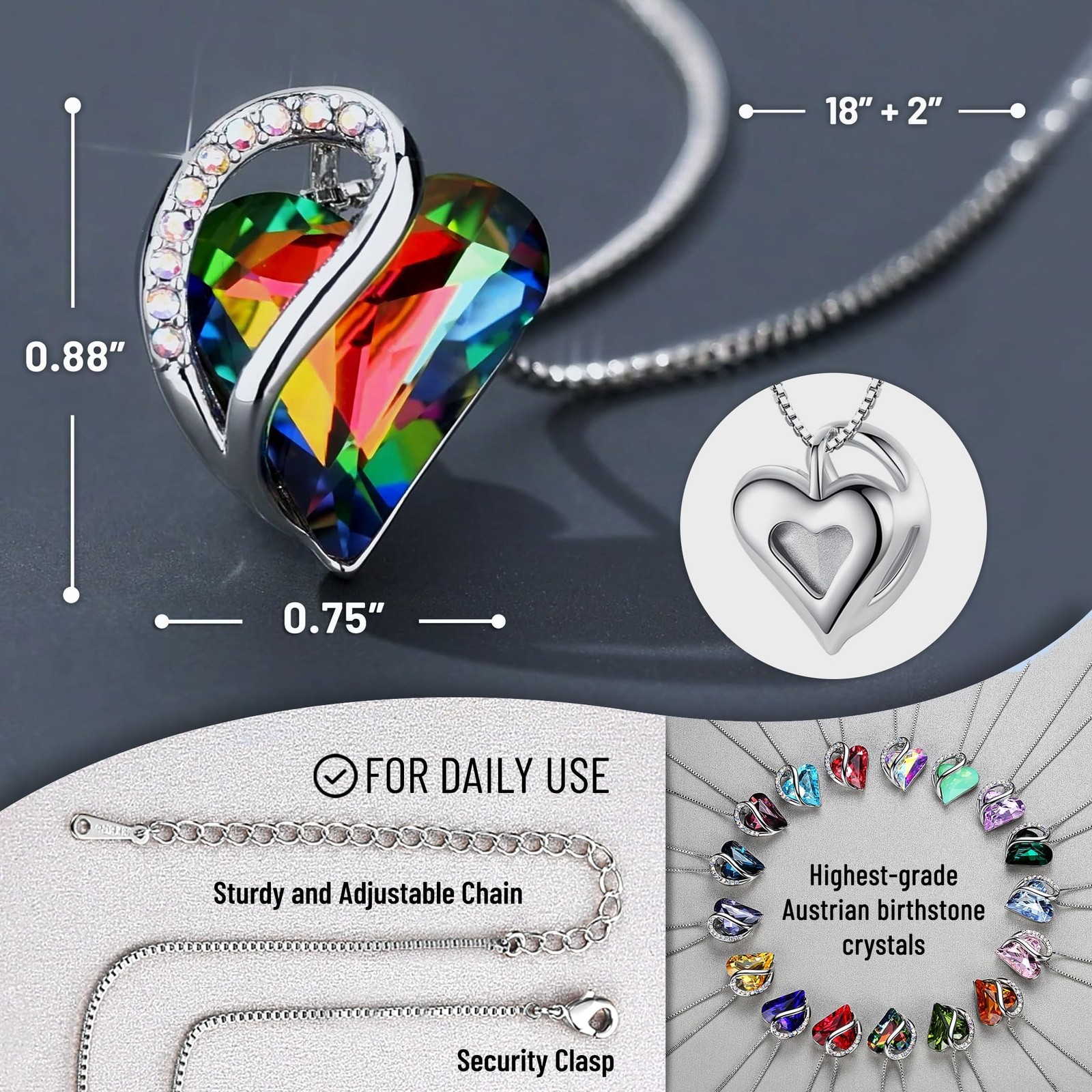 Gift Necklaces for Women, Infinity Love Heart Pendant with Rainbow Black Heal…
