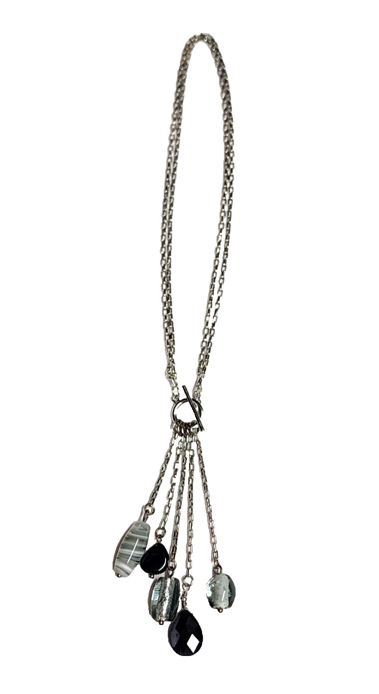 Black Gray Silver Tone Art Glass Bead Tassel Pendant Necklace 14″ Choker GUC