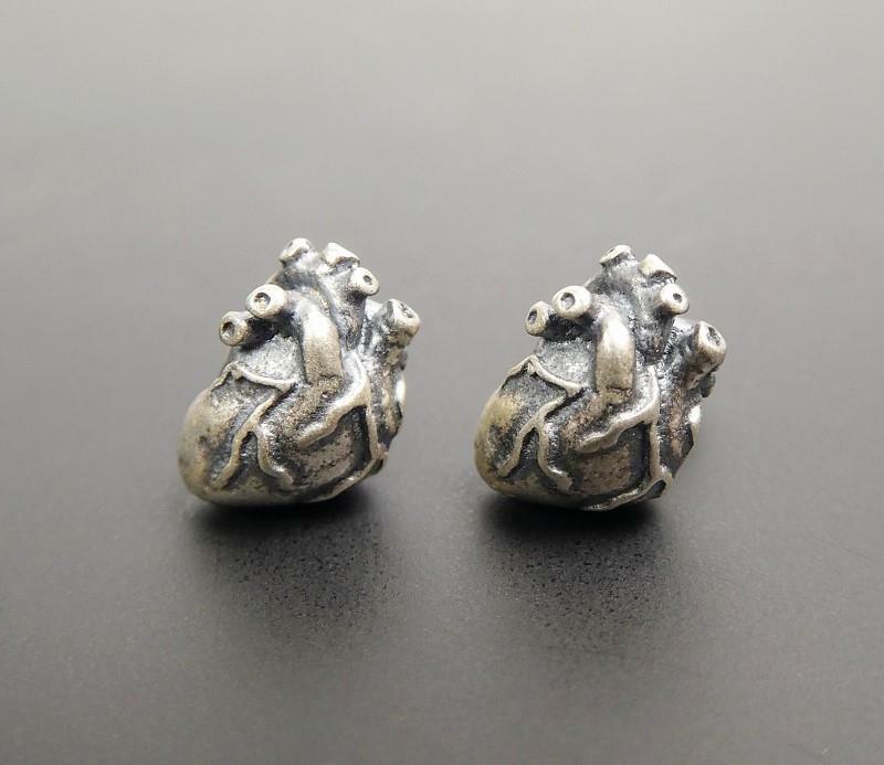 Handmade Unique Sterling Silver Anatomical Heart Tiny Stud Post Earrings Gothic