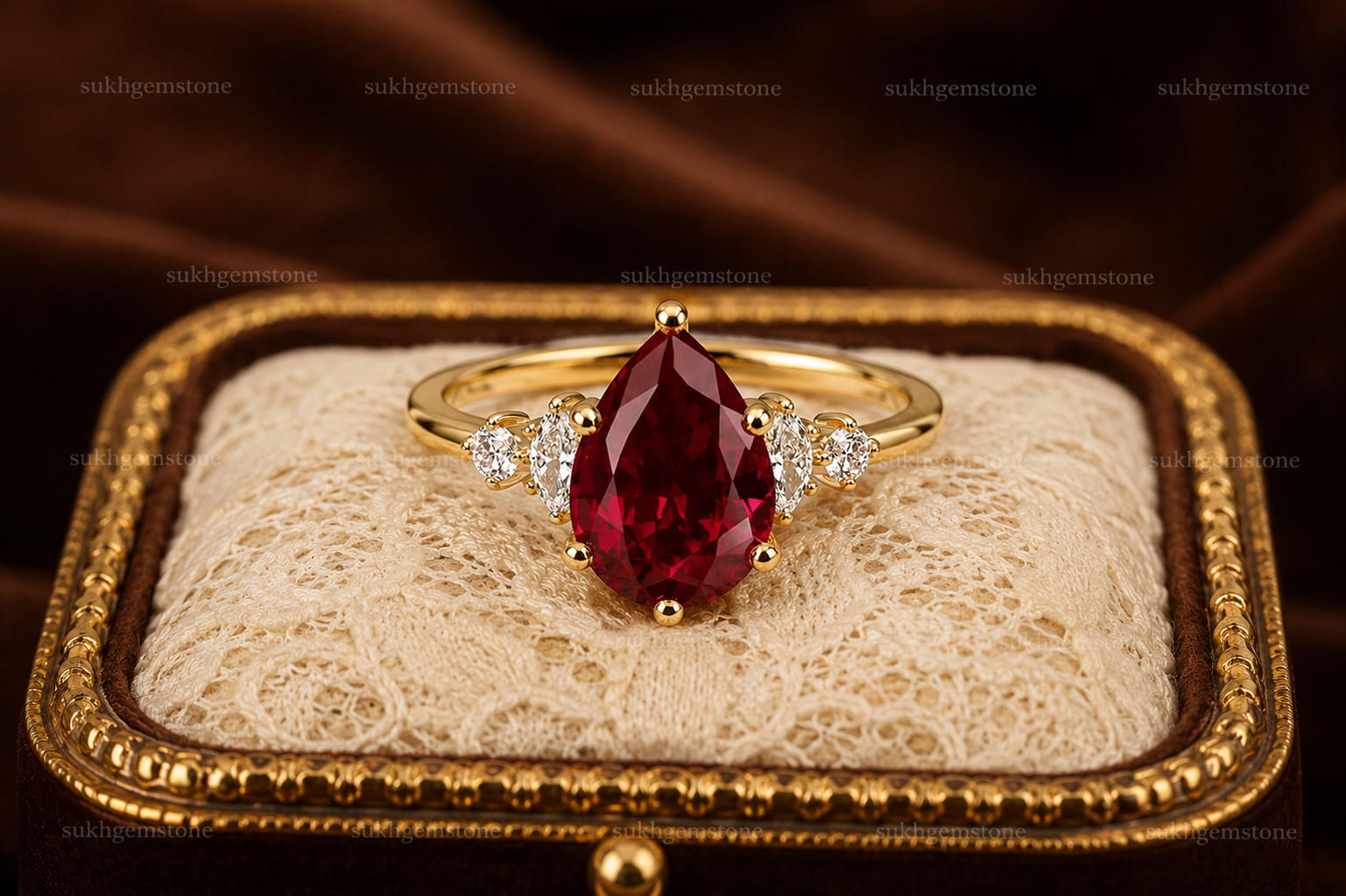 Lab Created Red Ruby Ring, Base Metal: Brass Finish: Gold Plated Gift for Her