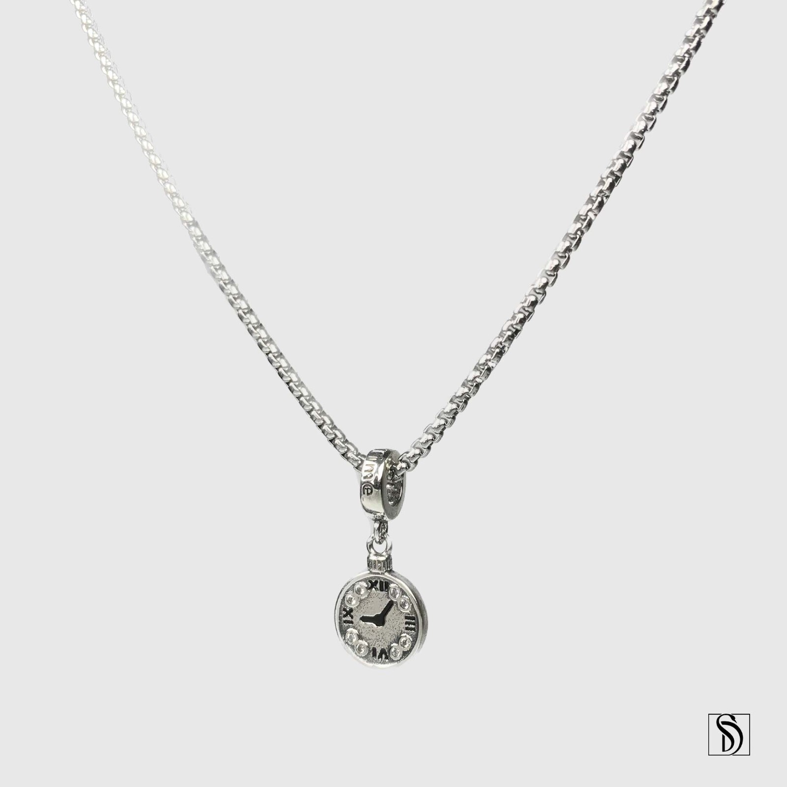 Silver Clock Time Management Pendant Necklace Premium Timeless Jewelry Box Chain