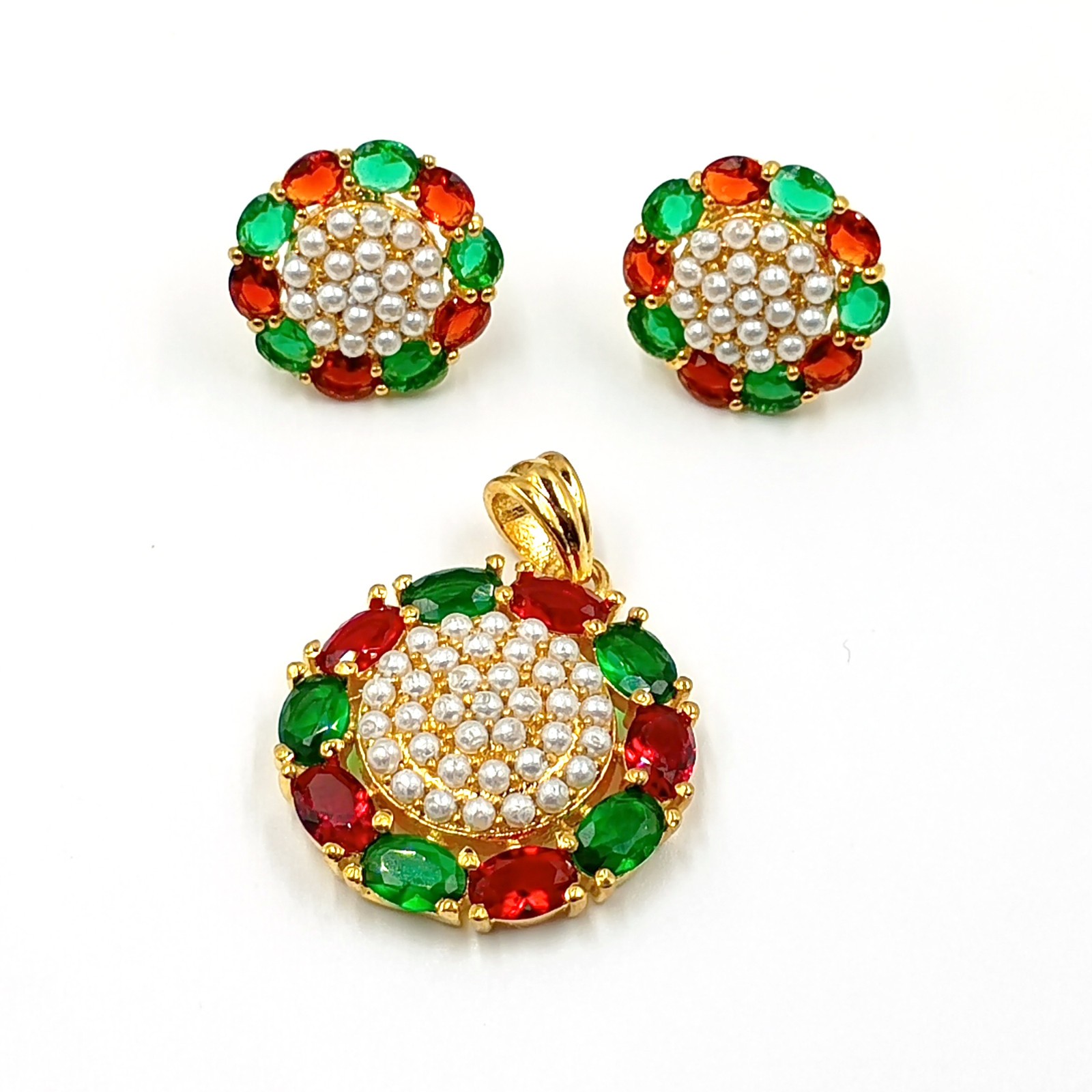 Ruby Emerald Pearl Pendant Studs 22k Gold Plated South Indian Wedding Bridal