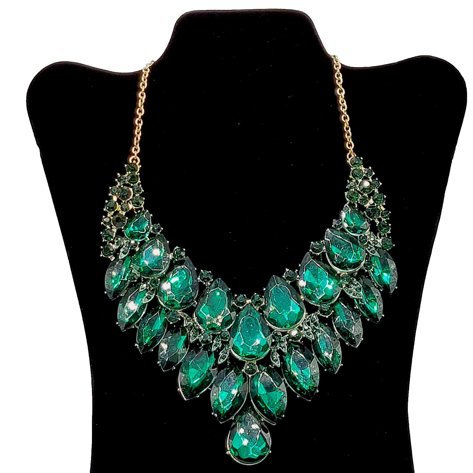 Christina Collection Green Faceted Glass Rhinestone Gold Tone Formal Necklace