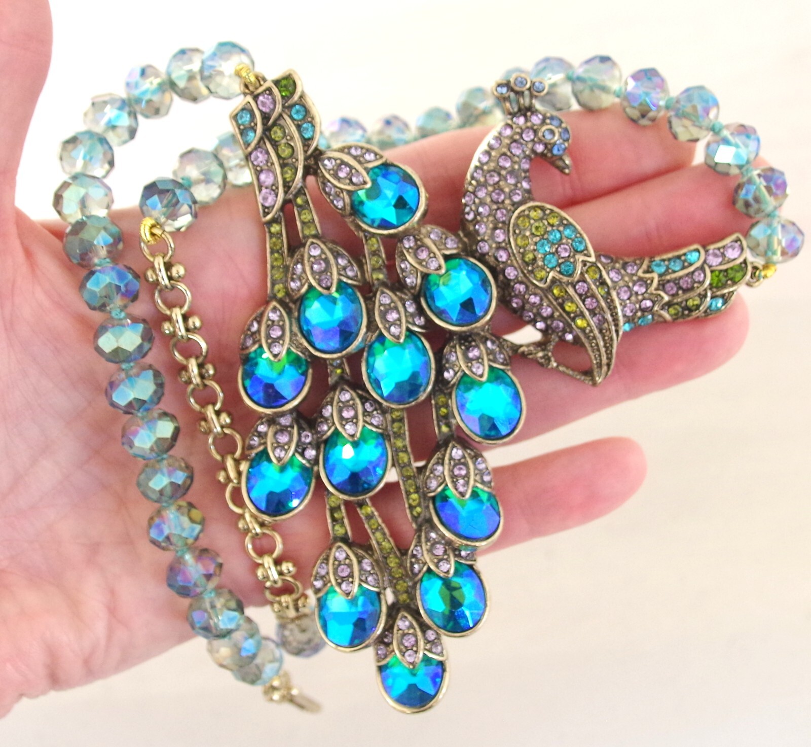 NWOT DESIGNER STYLE PEACOCK RHINESTONE PEACOCK BIRD AB CRYSTAL BEAD NECKLACE