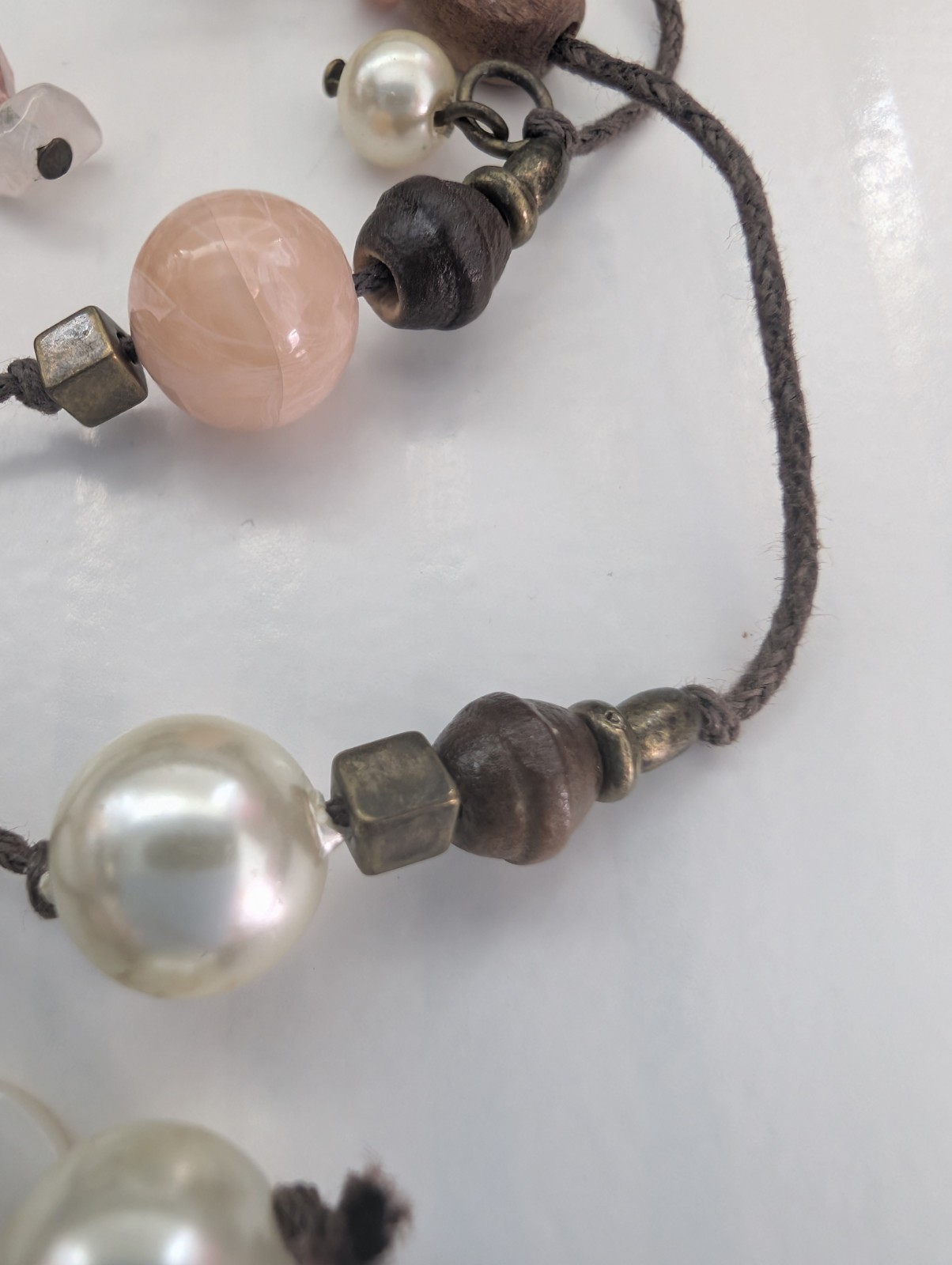 Next Signed Floral Heart Faux Crystal Pearl Wood Beaded Tassel Pendant Necklace