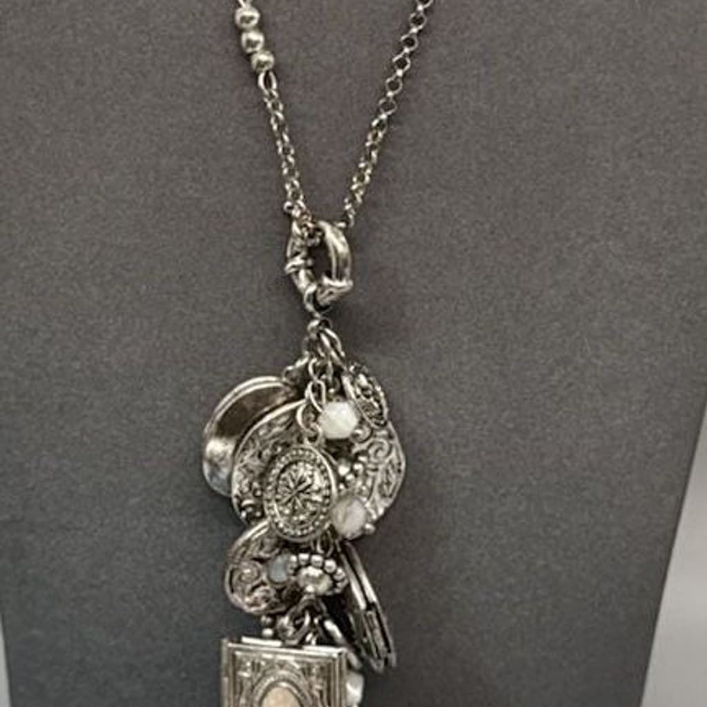 Premier Designs Retired Silver Tone Charm On LONG Necklace Lockets PD Vtg Style