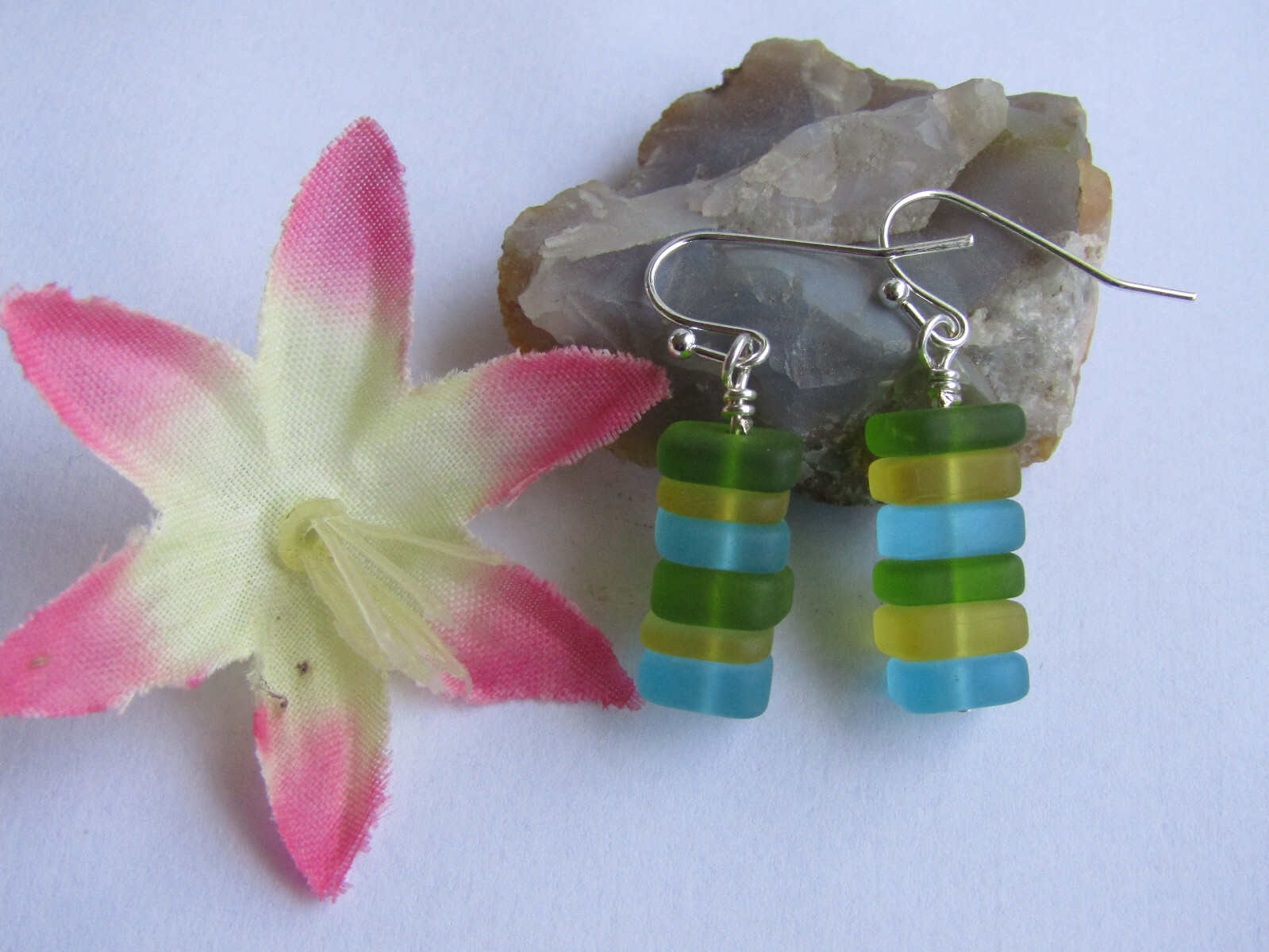 Stacked Green Blue Yellow SEA GLASS Earrings Silver, Artisan Handcrafted