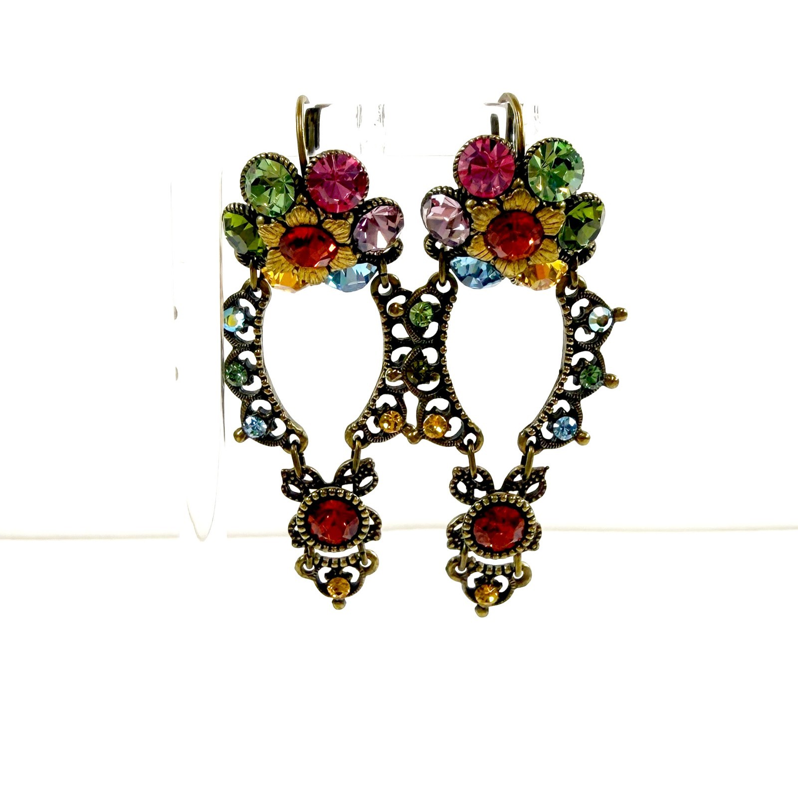 Michal Negrin Red Multicolor Crystal Chandelier Earrings Floral Filigree RARE