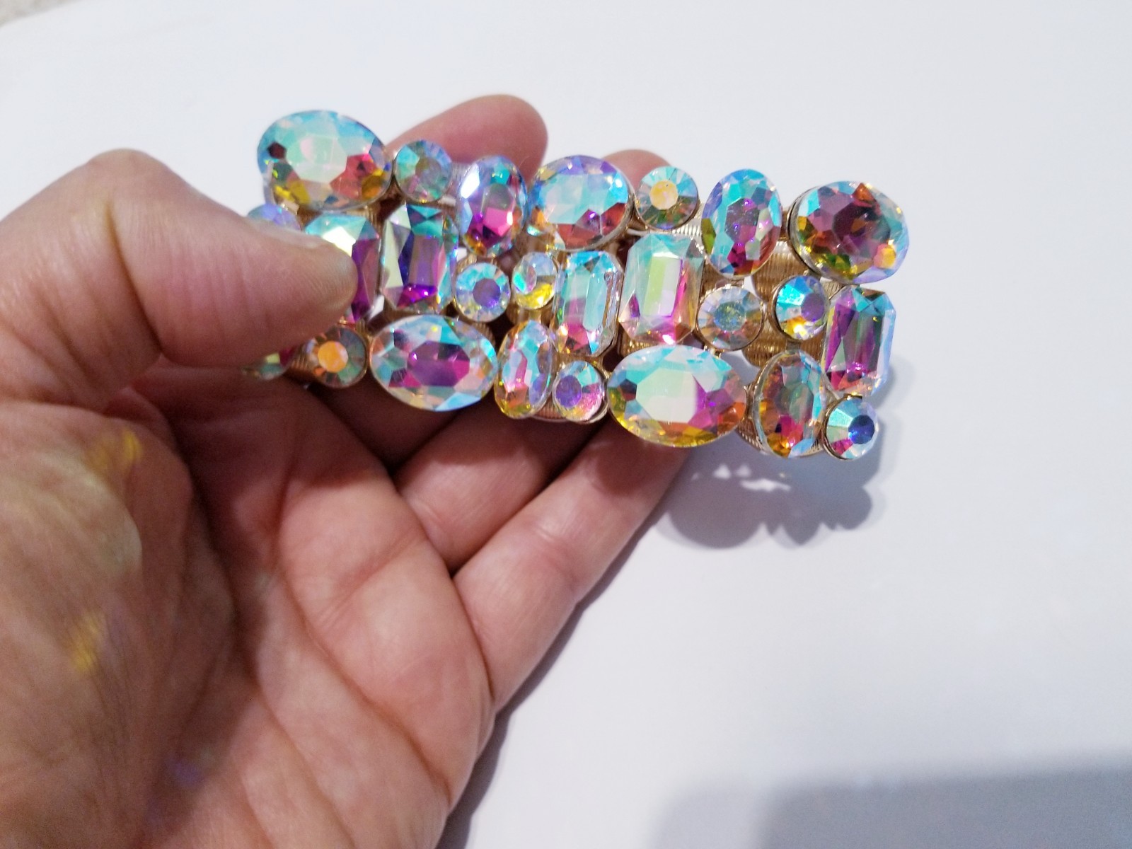 Iridescent Gold Rhinestone Stretch Bracelet Statement Drag Pageant Prom Bridal