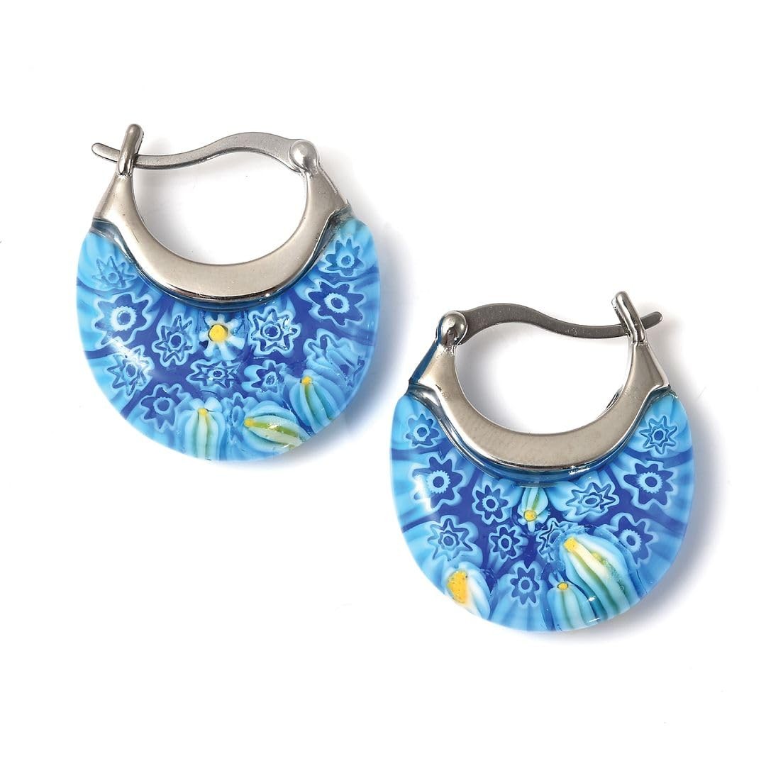Murano Style Glass Hoop Earrings for Women Trendy Daisy Flower Stainless Steel