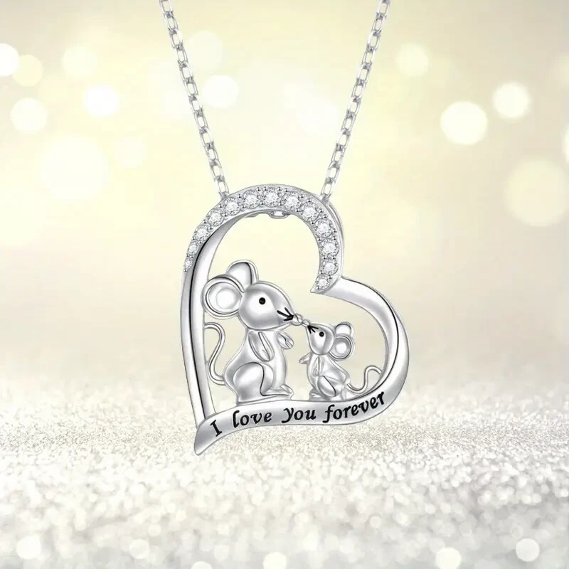 Cute Mouse Family I Love You Forever Mouse Pendant Necklace Silver Toned