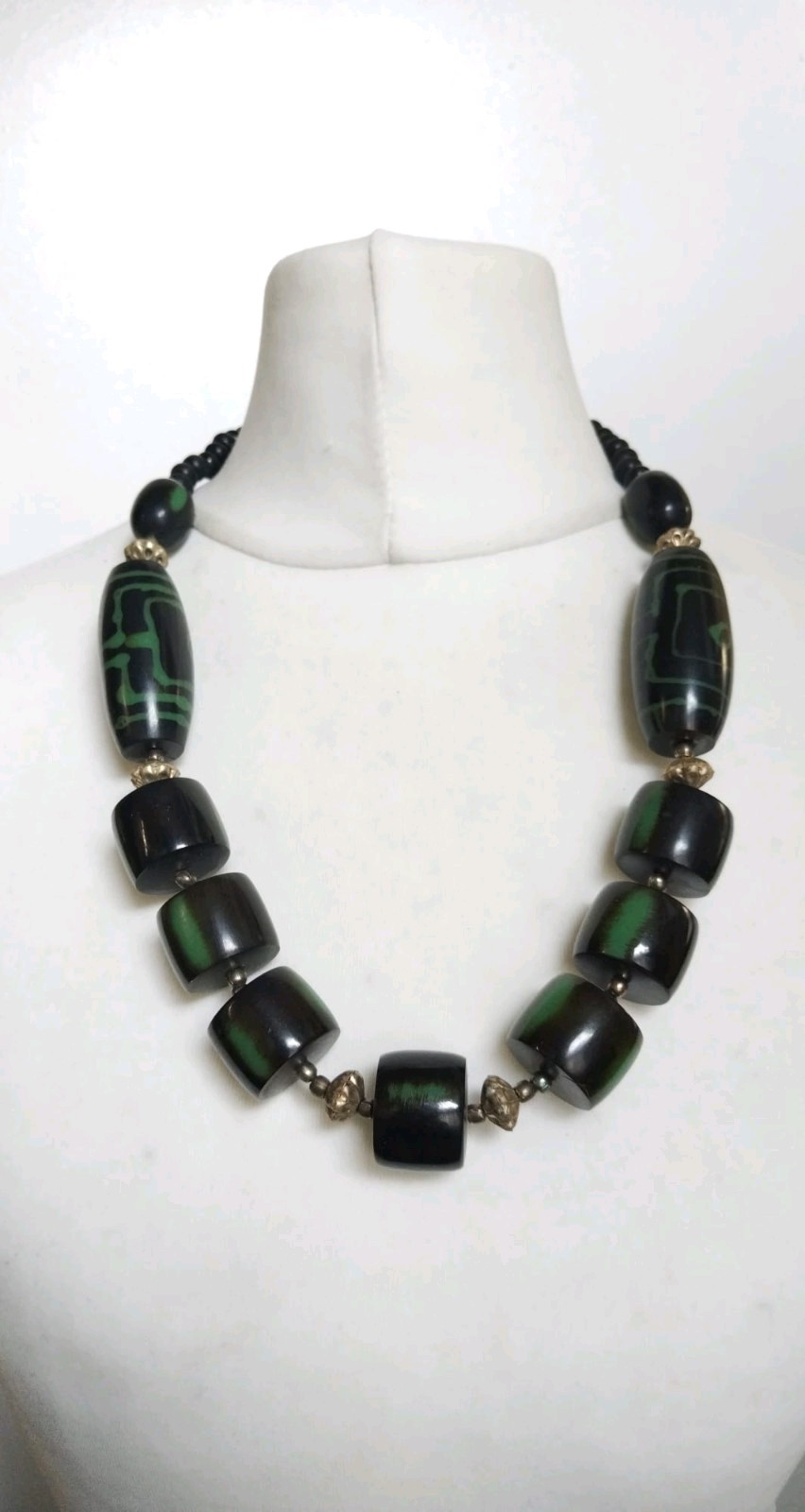 Vintage Chunky Black Green Resin, Metal Mixed Shapes Beaded Statement Necklace