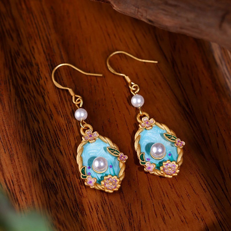 Pearl Flower Earrings 18K Gold Plated Drop Dangle Monet Garden Paint Style