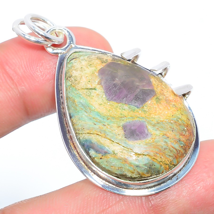 Ruby In Fuschite- India Handmade Simulated 925 Sterling Silver Pendant 1.79″ T91